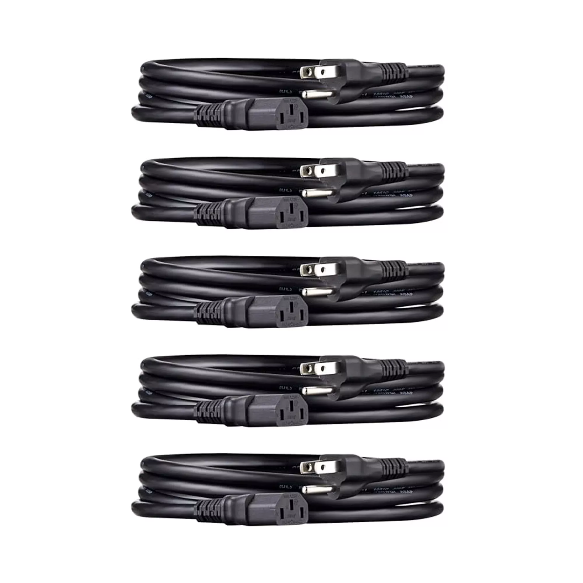 Amazon Basics Universal PC Power Cord Replacement, AC Power Cord for Monitor, Computer, TV, 3 Prong, 18 AWG, 125 Volts, 6 ft, Black, 5-Pack