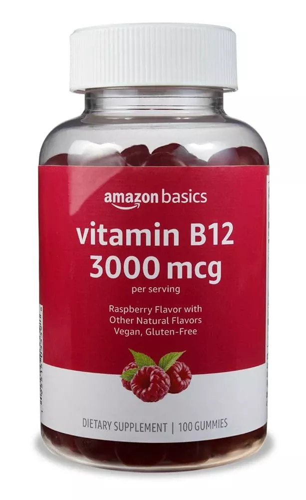 Amazon Basics Vitamin B12 3000 mcg, Normal Energy Production and Metabolism, Immune System Support, 100 Gummies (2 per serving), Pack of 2, Raspberry (Previously Solimo)