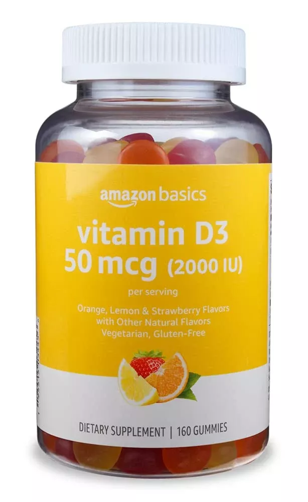Amazon Basics Vitamin D3 2000 IU Gummies, Orange, Lemon & Strawberry, 160 Count (2 per Serving) (Previously Solimo)