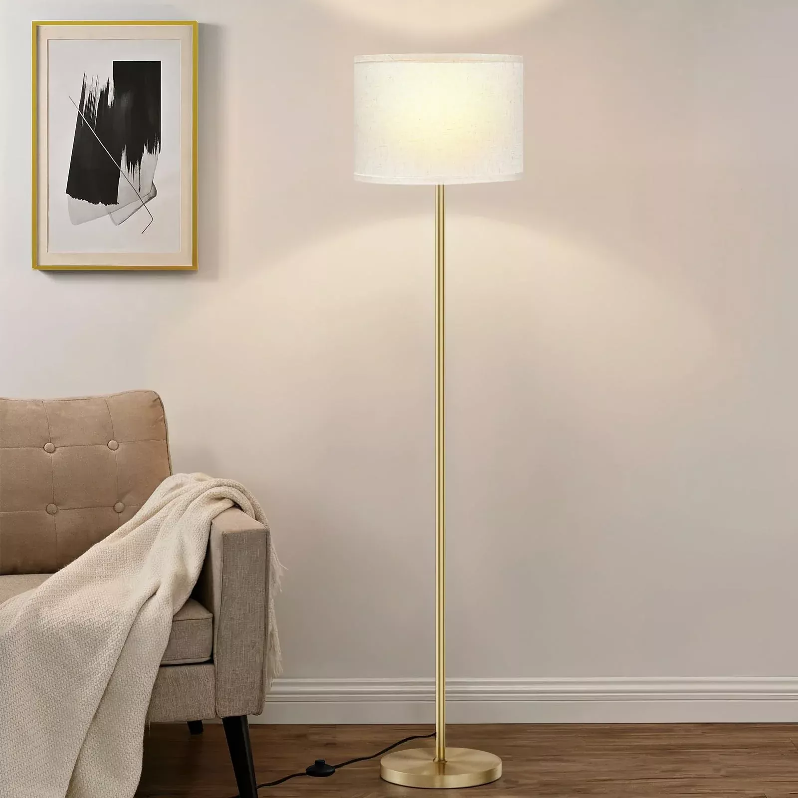 Ambimall 60'' Modern Floor Lamp with Shade, Tall Lamps for Living Room, Bedroom, Office, Dining Room, Beige Shade with Gold Pole(Without Bulb)
