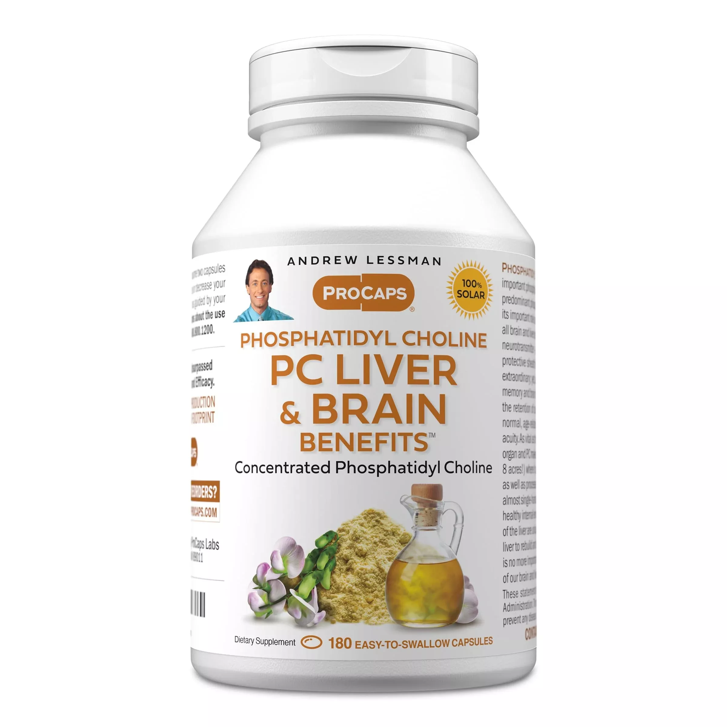 ANDREW LESSMAN PC Liver and Brain Benefits 180 Softgels - Phosphatidyl Choline, Most Important Building Block for Healthy Liver and Brain Structure, Function. No Additives. Easy to Swallow Softgels