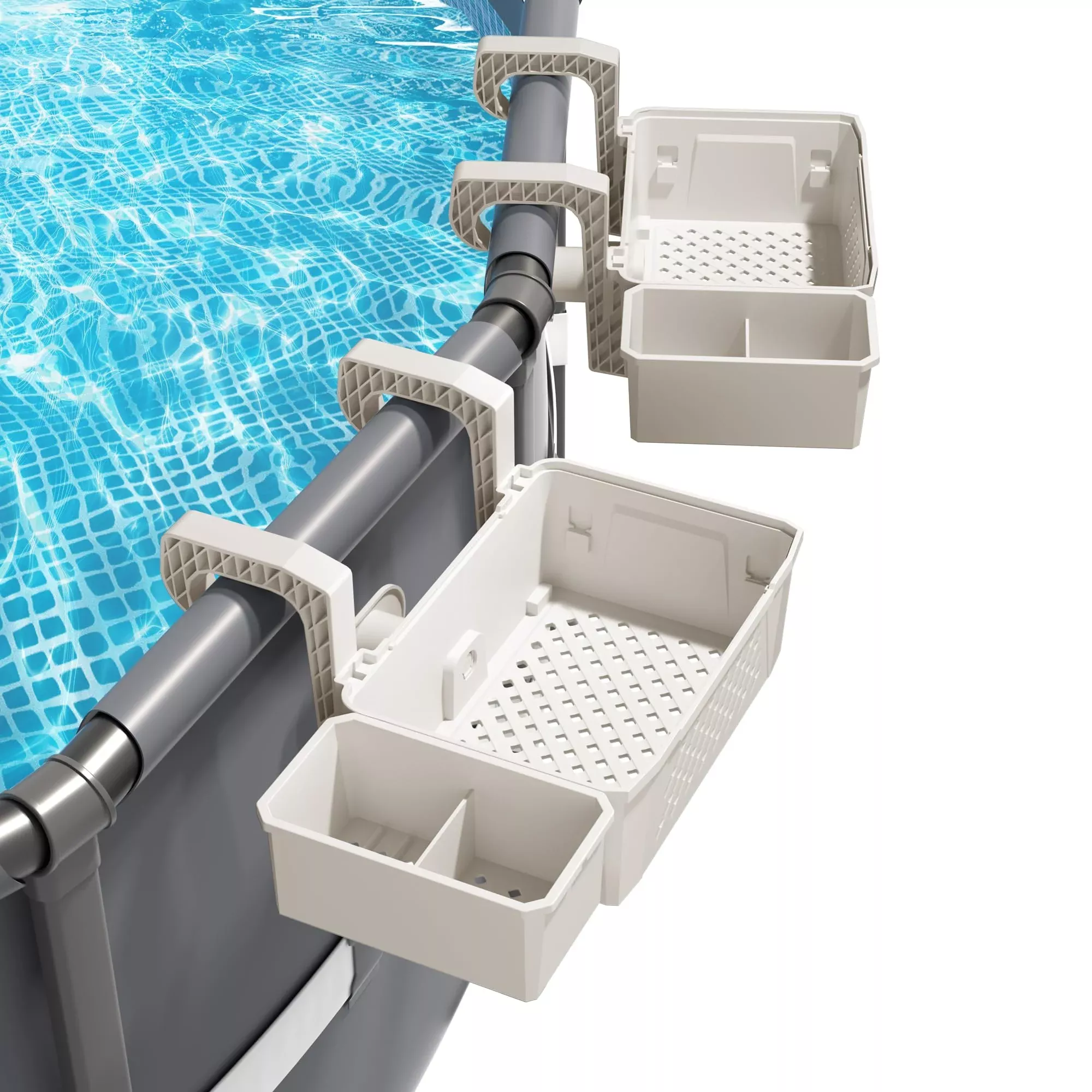 AquaJoyer 2 Sets of Poolside Storage Baskets with Cup Holders - Perfect for 3-Inch or Smaller Top Rails - Above Ground Pool Accessories - Fit for Most Above Ground Pool(Grey)