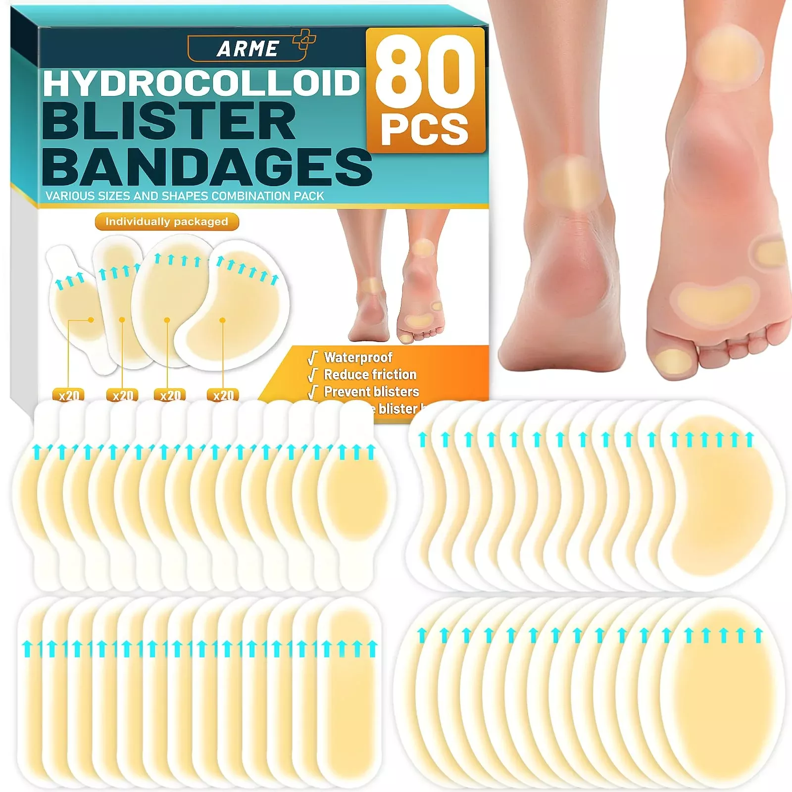 Arme Hydrocolloid Bandages, 80Pcs Blister Bandages for Feet, Waterproof Blister Pads Blister Cushions for Prevention & Recovery, Blister Patches for Heel Foot Toe Protection(4 Shape Variety Pack)