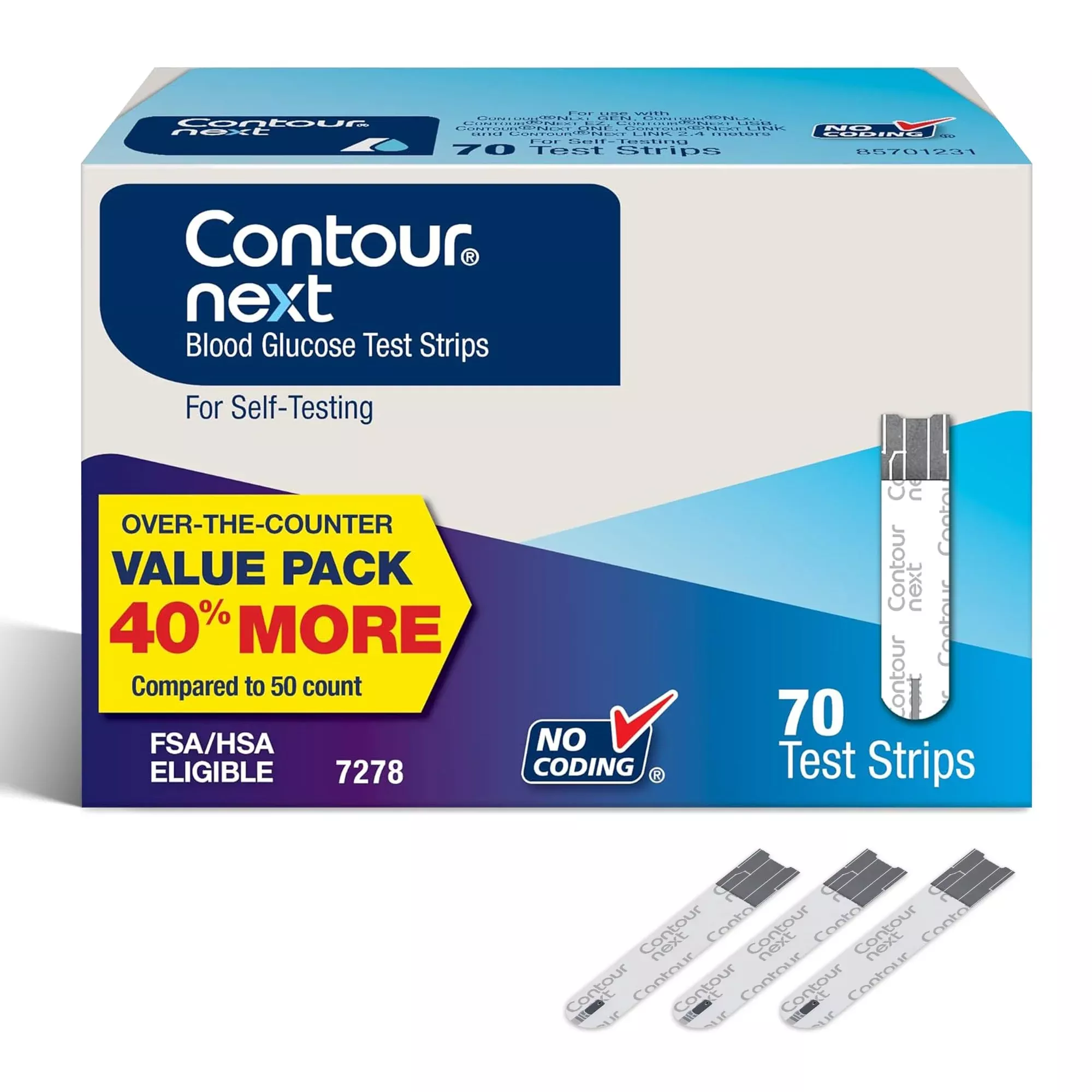 Ascensia Contour Next Blood Glucose Test Strips for Diabetes – 70 Count (1 Pack) - Accurate, No Coding, Second-Chance Sampling, Compatible with All Contour Next Meters for Easy Blood Sugar Testing