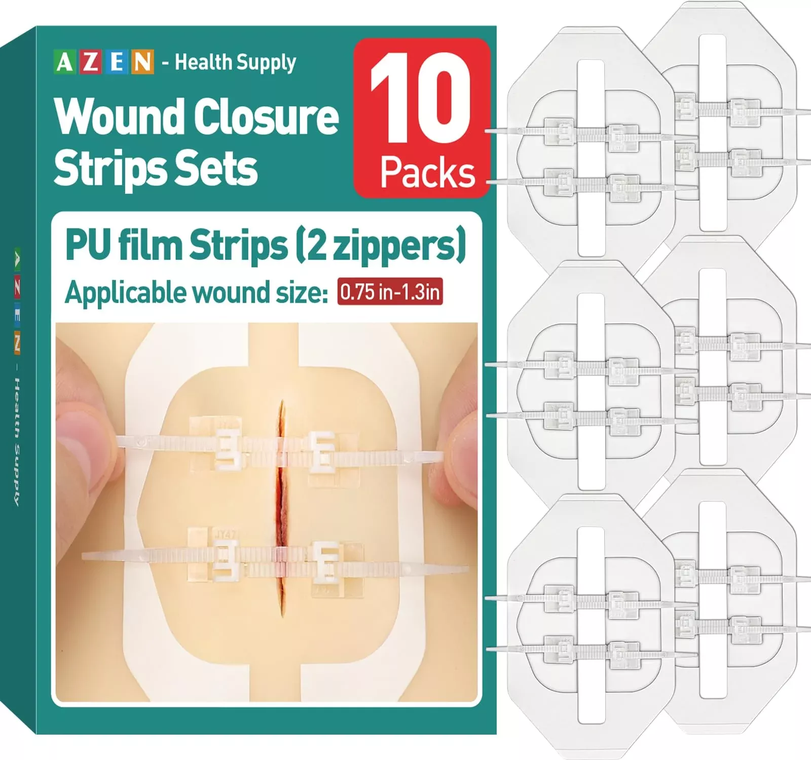 AZEN 10 Pack Emergency Wound Closure Strips, Butterfly Bandages for Wound Closure, Quick Clot Zip Stitch Wound Closures Device