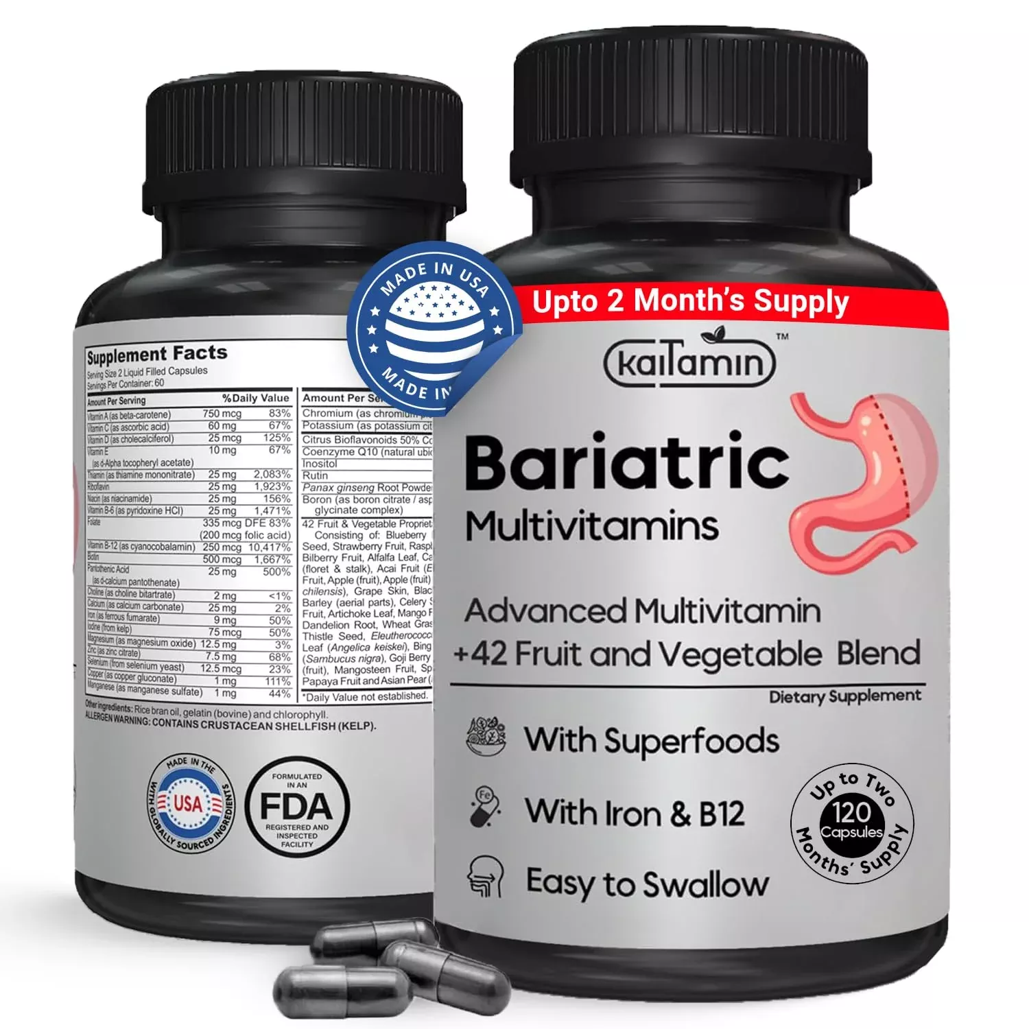 Bariatric Multivitamin with Iron – Post Bariatric Surgery – Gastric Bypass & Sleeve Support – for Women & Men – Easy to Swallow – B12, B6 & 42 Superfoods –Gluten-Free- 120 Caps 2-Month Supply