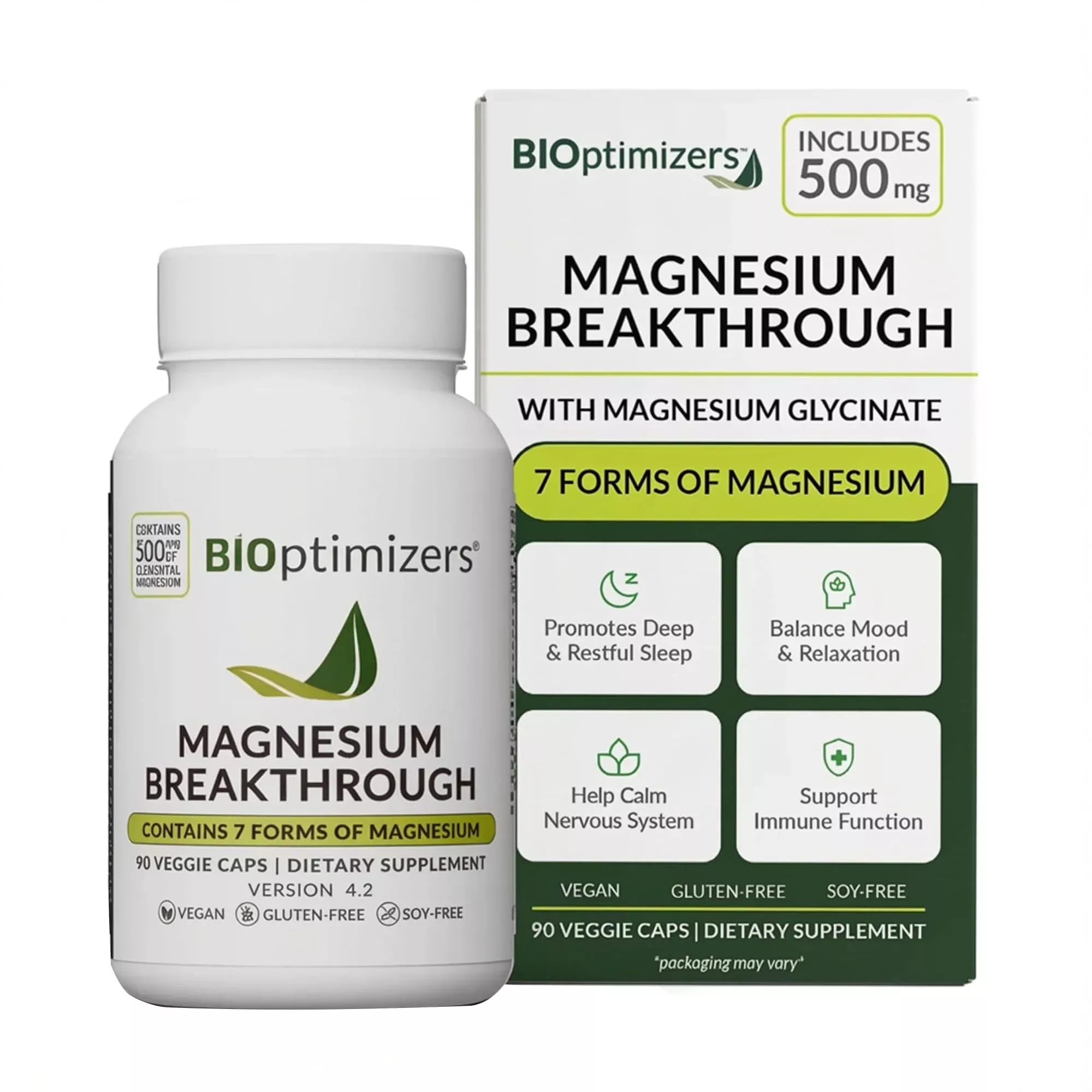 BIOptimizers Magnesium Breakthrough Supplement with 500mg - 7 Forms of Magnesium: Glycinate, Malate, Citrate, and More - Natural Support for Sleep and Cognitive Function -90 Capsules- Calming Vitamins