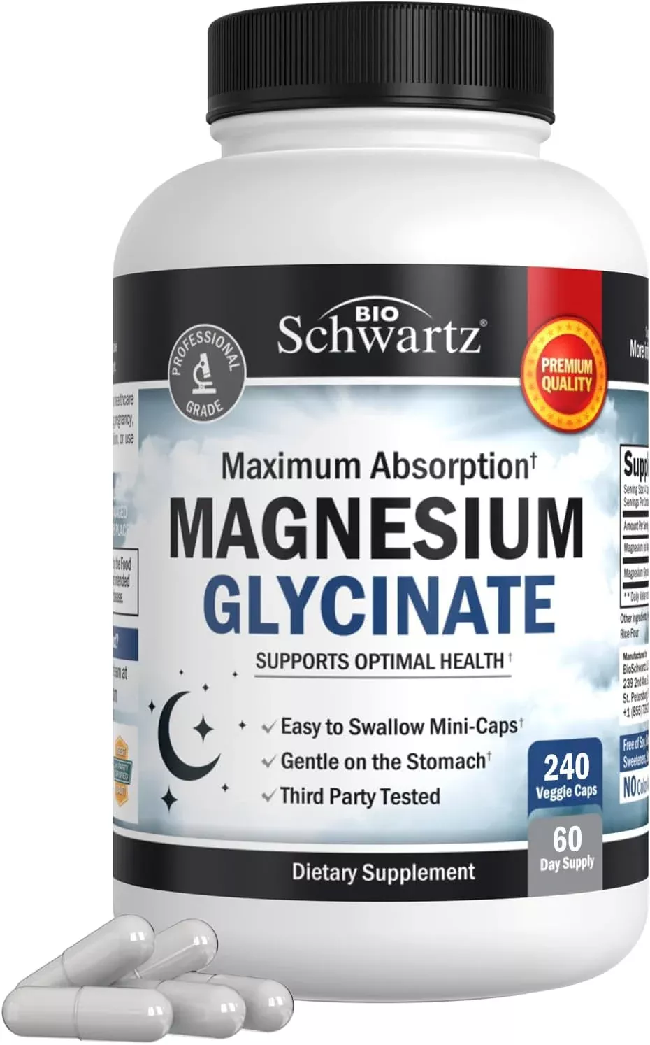 BioSchwartz Magnesium Glycinate 500mg Capsules (240 Mini Caps) Maximum Absorption Magnesium Supplement for Healthy Nerves Muscles Heart Mood and Sleep Support (Vegan, Gluten-Free, Non-GMO)