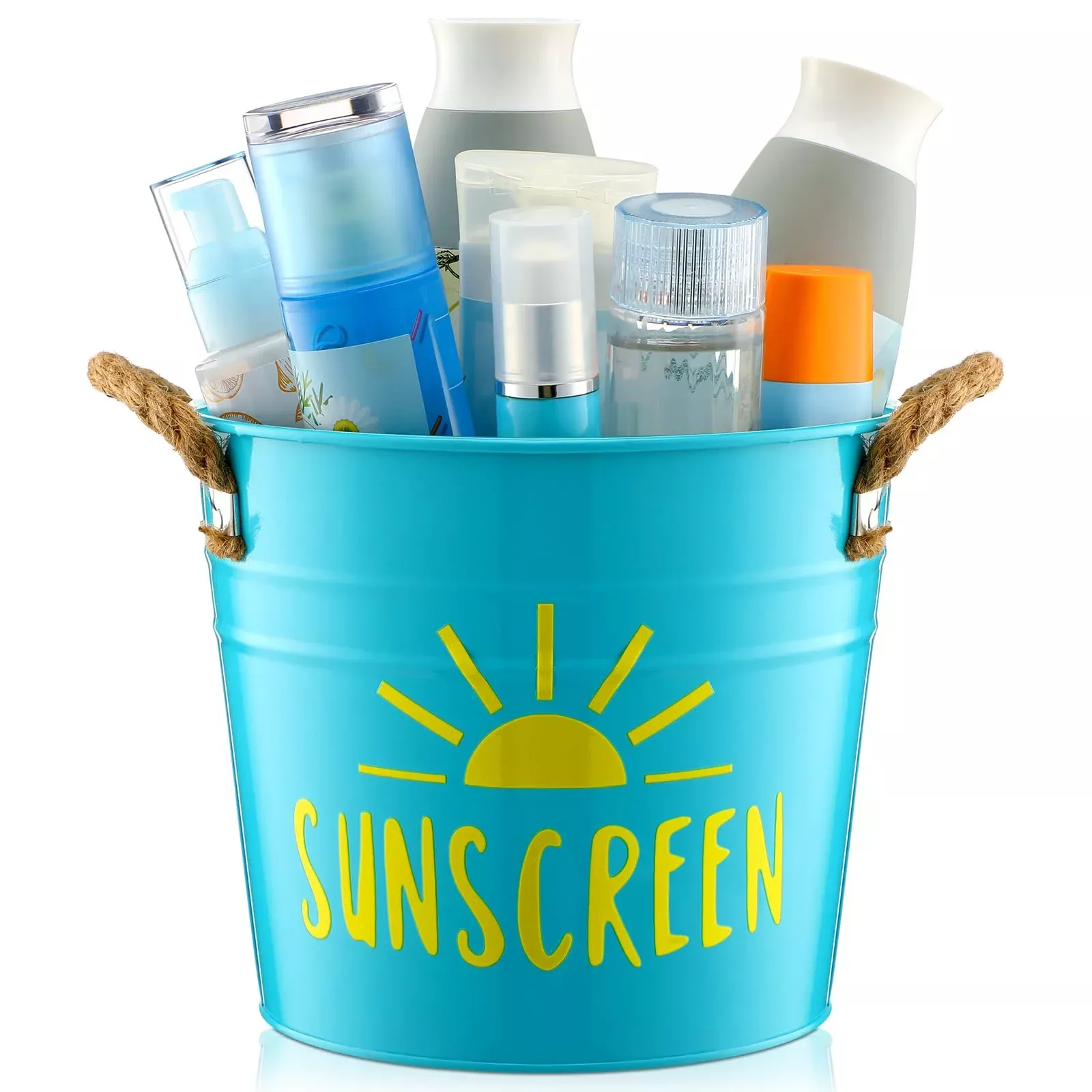 Blulu Sunscreen Holder Storage Pool Spray Bucket Tin Handle Poolside Basket 7.8 x 6.7 x 5.9 Inches Summer Pool Swimming Storage for Outdoor Decor Sunblock Sunglasses Accessories