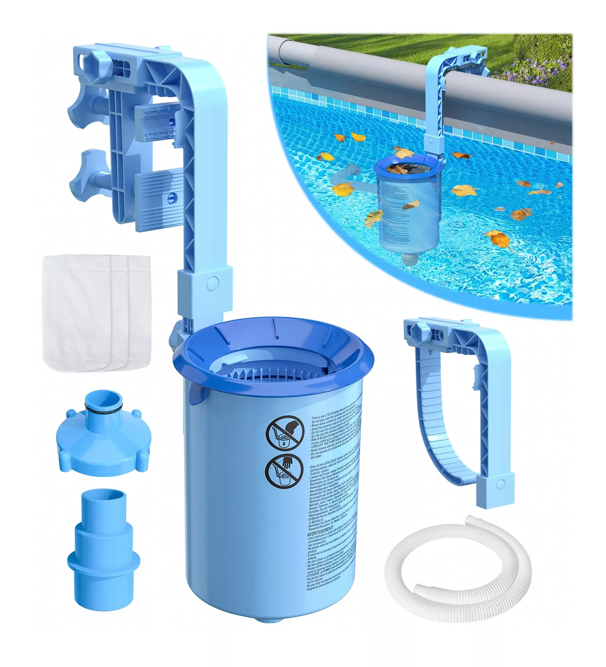 BluSwim 2026 Above Ground Pool Surface Skimmer Come with 3 Filter Socks, Enhanced Structure & Thickened Brackets Wall Mount Pool Skimmer, Floating Top Skimmers - Auto Skimming Water Surface Debris
