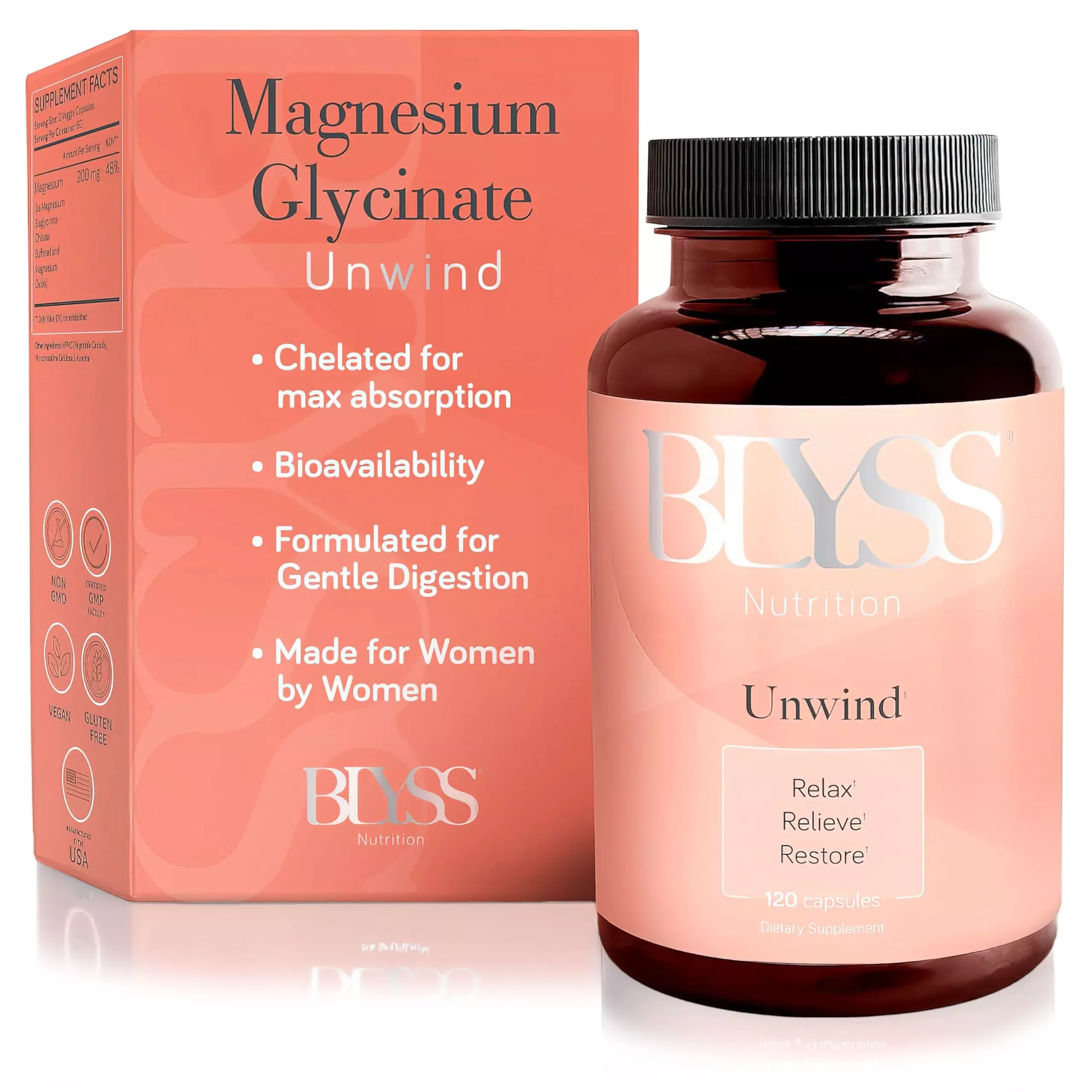 BLYSS Nutrition Magnesium Bisglycinate Capsules for Women - 200mg Chelated Glycinate Magnesium Supplement - Natural Supplements to Support Sleep, Mood Support & Muscle Cramps - 120 ct