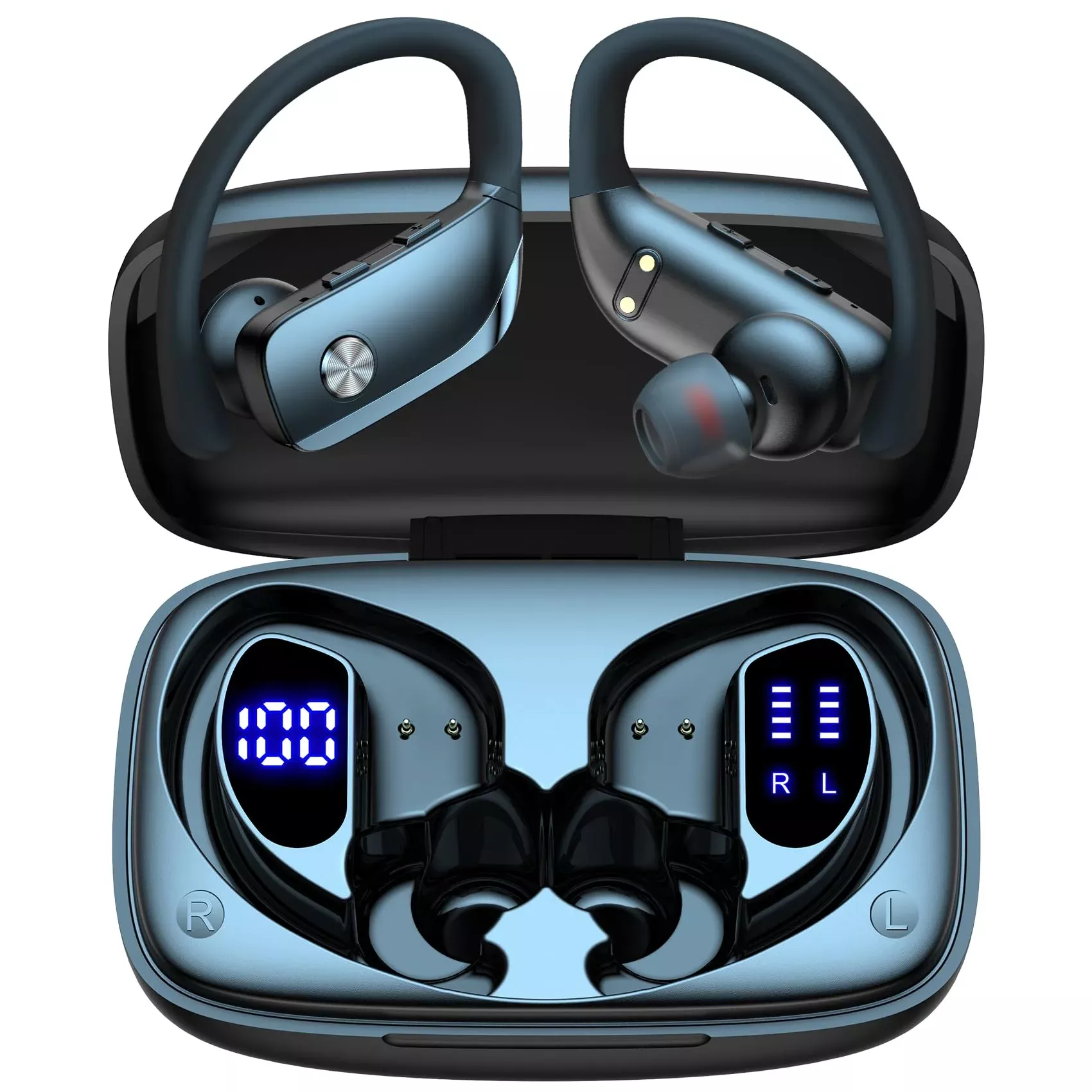 bmani Ear Buds Wireless Earbuds Bluetooth Headphones with 80H Playtime LED Display Case, Over-Ear Hook with Mic, Stereo Sound, Easy Button Controls, Sports Earphones for Running Workout Gym Black