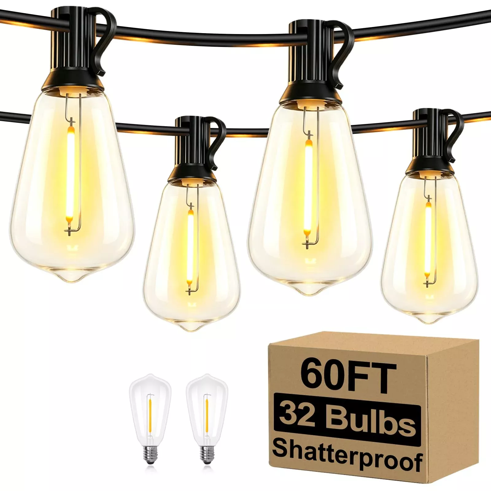 Brightever LED Outdoor String Lights 60FT with 32 Shatterproof ST38 Vintage Edison Bulbs, Outside Hanging Lights Waterproof for Patio, Porch, Deck, Garden, Backyard, Balcony, 2700K Dimmable
