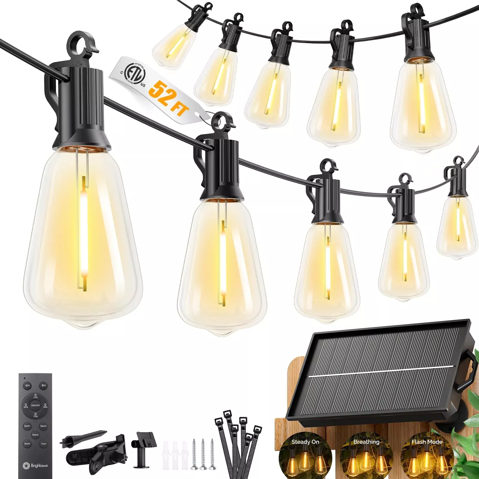 Brightown 52FT Solar String Lights Outdoor Waterproof, Patio Lights with Remote & Timer, USB /Solar Powered Dimmable Outdoor Lights, 15+1 LED Bulbs for Backyard Garden Camping Party - 26Hrs Runtime