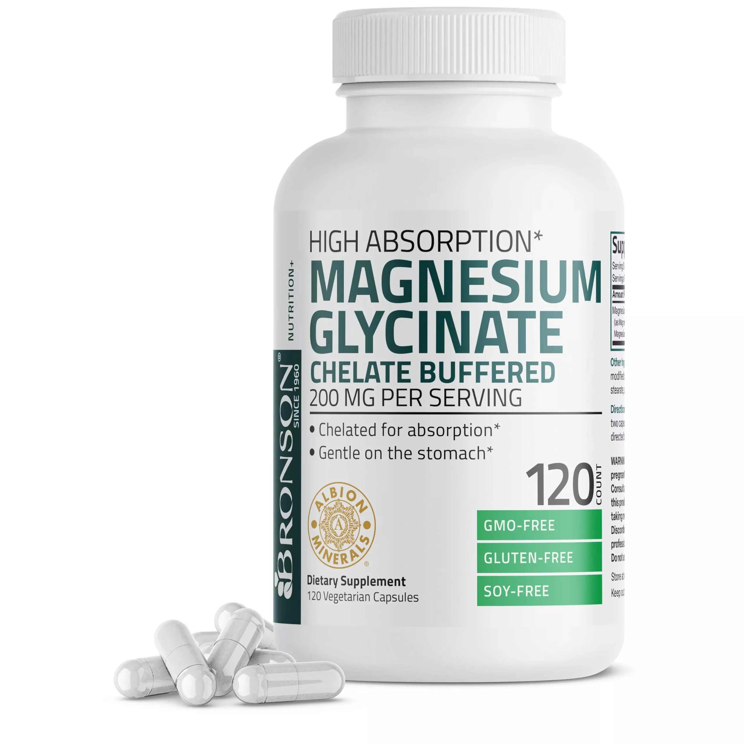 Bronson Magnesium Glycinate 200 MG per Serving Chelated for High Absorption, Gentle On Stomach, Non-GMO, 120 Vegetarian Capsules