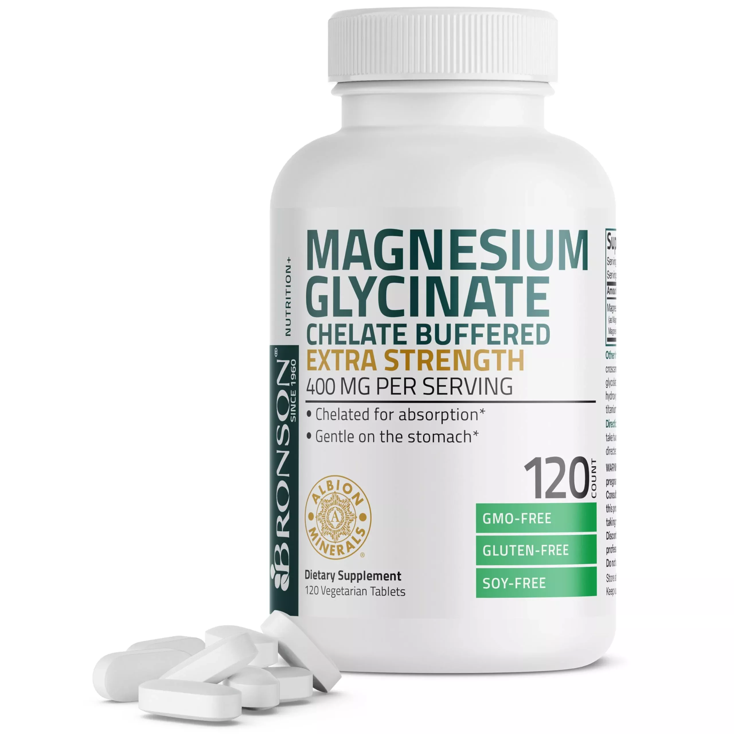 Bronson Magnesium Glycinate 400mg Extra Strength, Vegetarian, Chelated for Absorption Gentle on The Stomach, Non-GMO, 120 Tablets