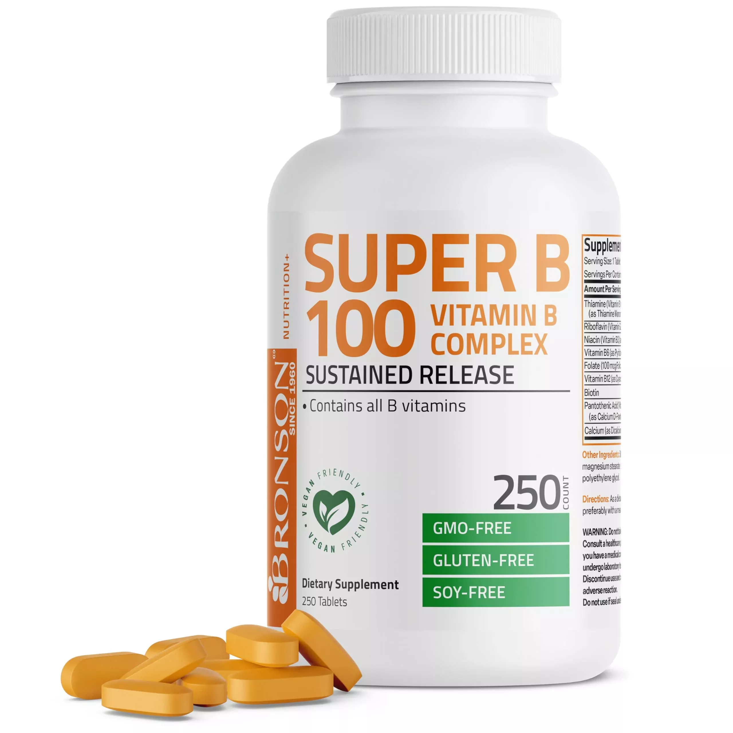 Bronson Super B 100 Vitamin B Complex Sustained Release Contains All B Vitamins (Vitamin B1, B2, B3, B6, B9 - Folic Acid, B12) Supports Energy Metabolism & Nervous System Health, Non-GMO, 250 Tablets