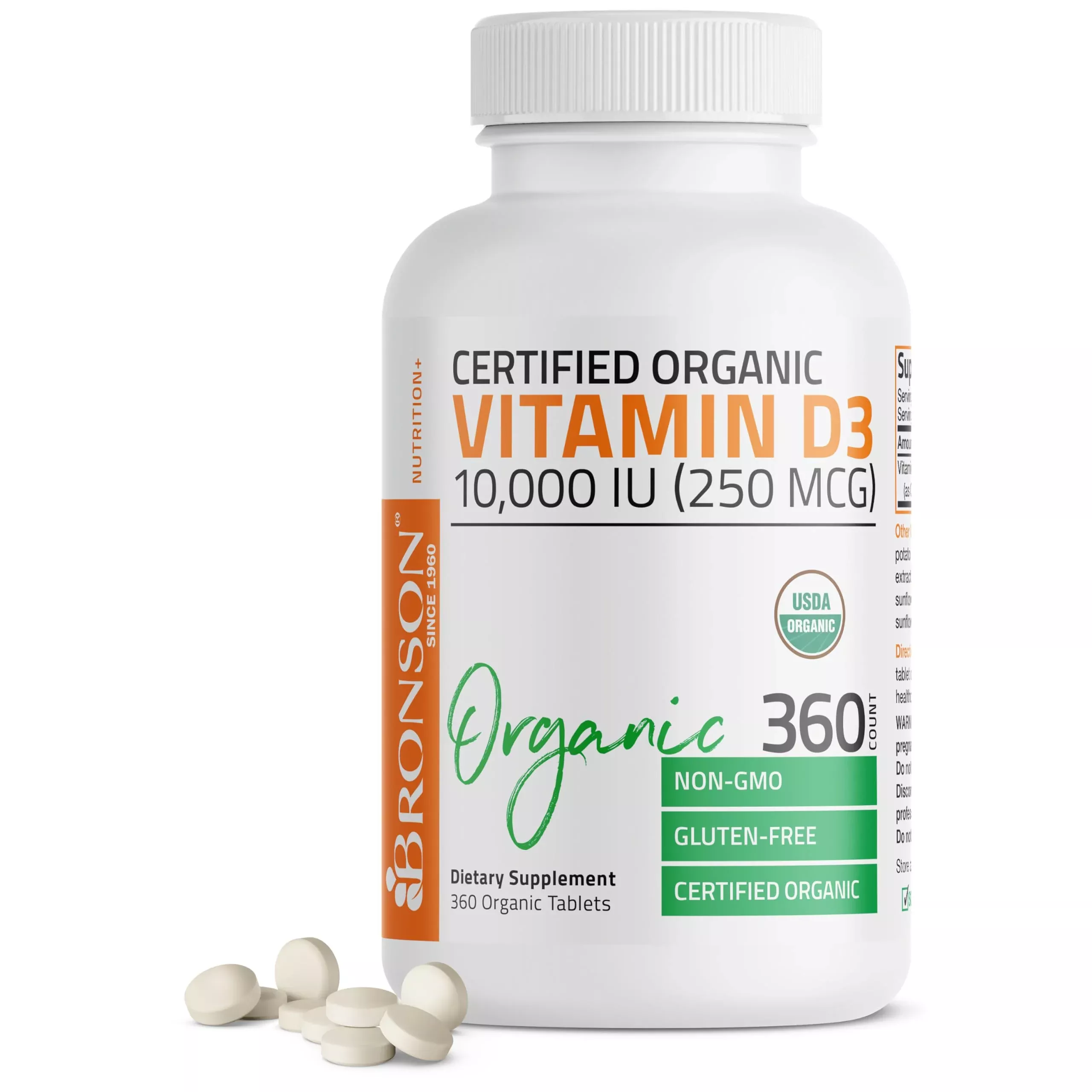 Bronson Vitamin D3 10,000 IU (250 mcg) Certified Organic High Potency Non-GMO Vitamin D Supplement, 360 Tablets
