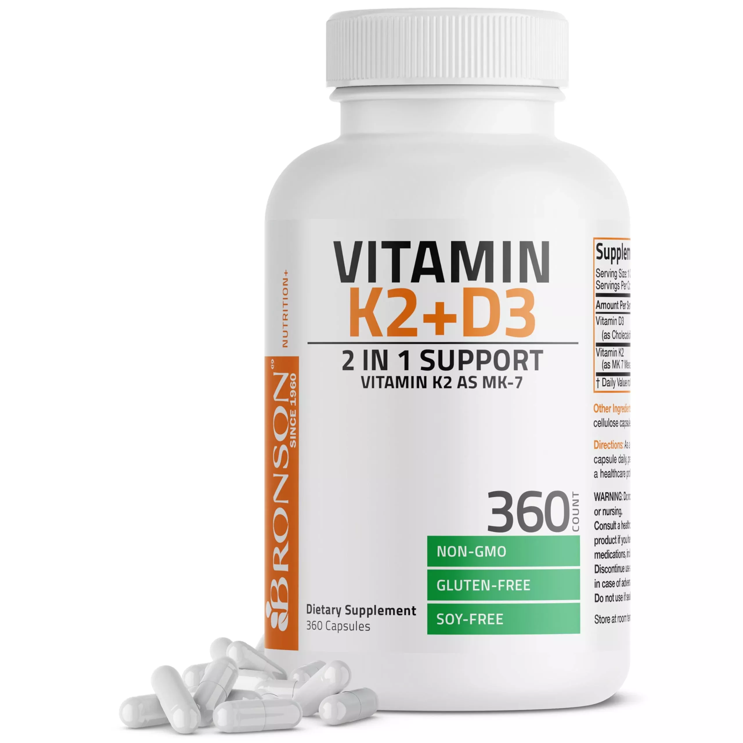 Bronson Vitamin K2 (MK7) with D3 Supplement Non-GMO Formula 5000 IU Vitamin D3 & 90 mcg K2 MK-7 Easy to Swallow D & K Complex, 360 Capsules