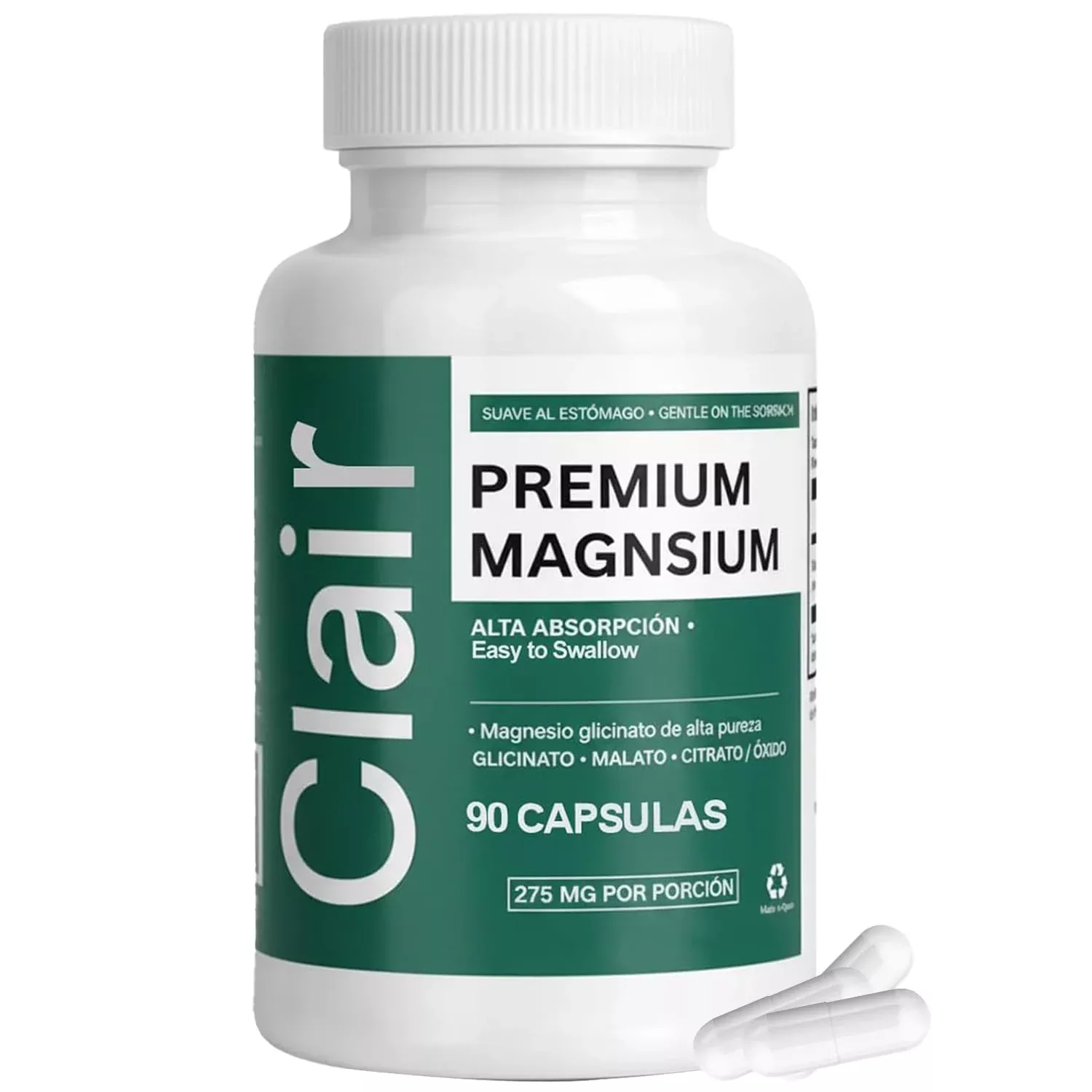 Clair Magnesio Premium, Premium Magnesium Glycinate, Non-GMO Ingredients, Daily Routine, Vegan-Friendly 90 Capsules