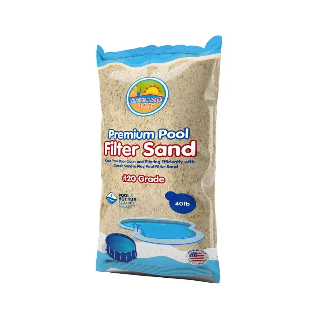 CLASSIC SAND & PLAY Swimming Pool Filter Sand for Above & Inground Pools, 40 lbs, Supports Residential and Commercial Filtration Systems, Premium Efficient Silica, No Clogging or Clumping, #20 Grade