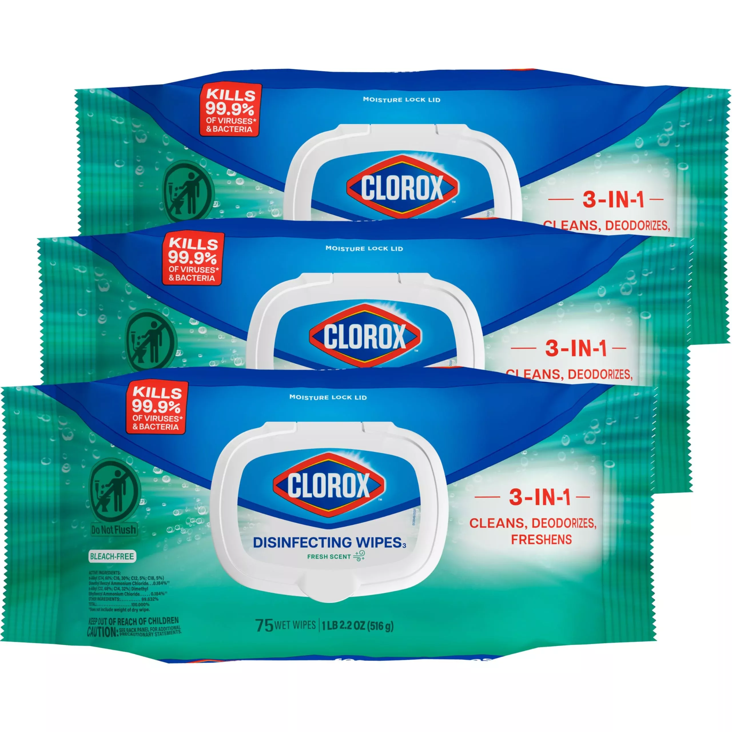 Clorox Disinfecting Wipes Flex Pack, Bleach Free, Fresh Scent, 75 Count, Pack of 3 (Pack May Vary)