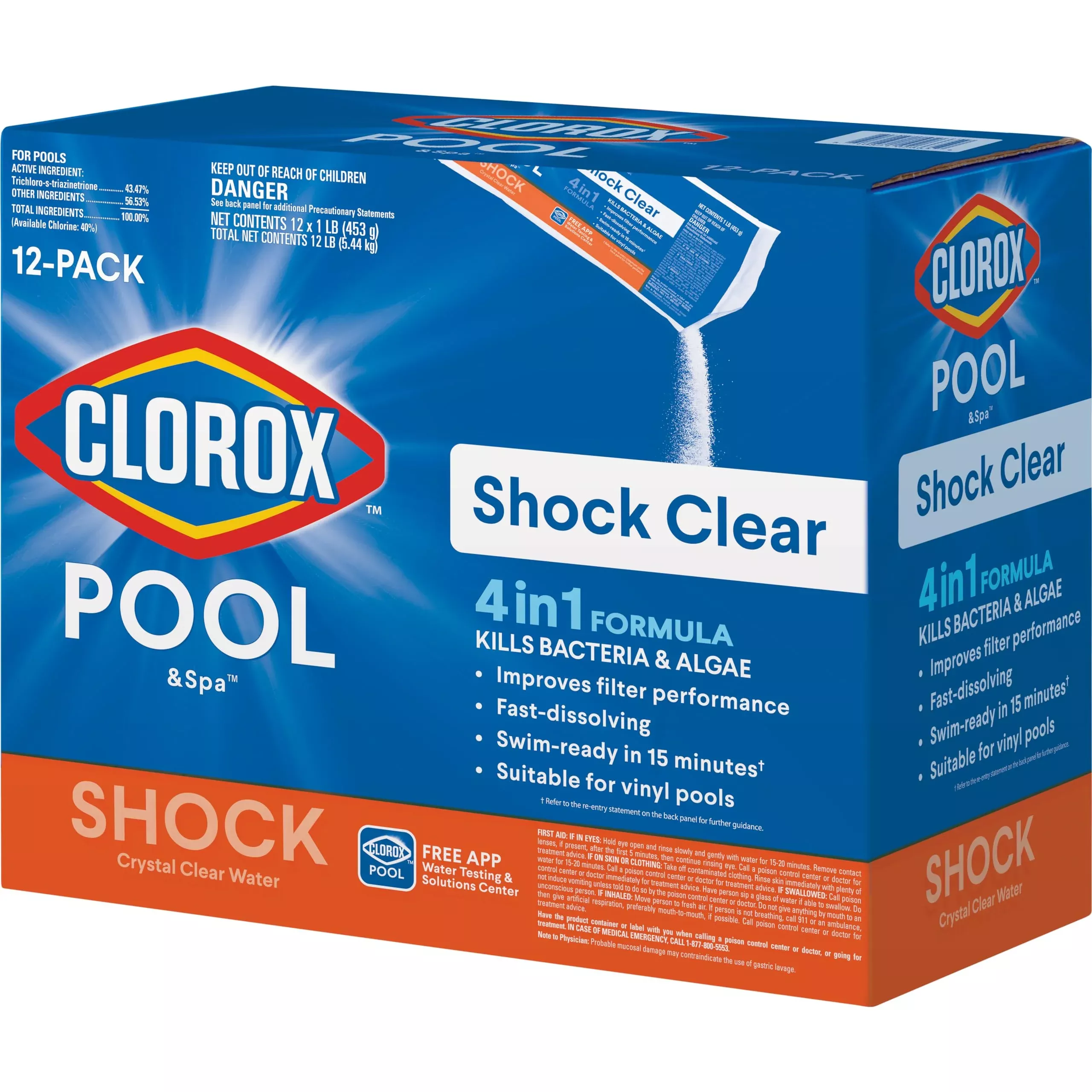 Clorox Pool&Spa™ Shock Clear, for Crystal Clear Swimming Pool Water, Swim-ready in 15 minutes, Suitable for vinyl pools (6-Pack)