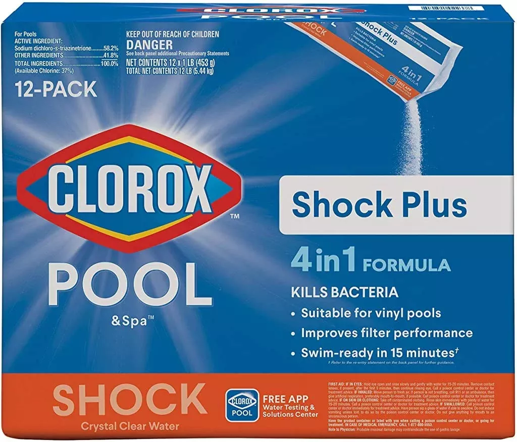 Clorox Pool&Spa™ Shock Plus, for Crystal Clear Swimming Pool Water, Swim-ready in 15 minutes, Suitable for vinyl pools 12 Count (Pack of 1)