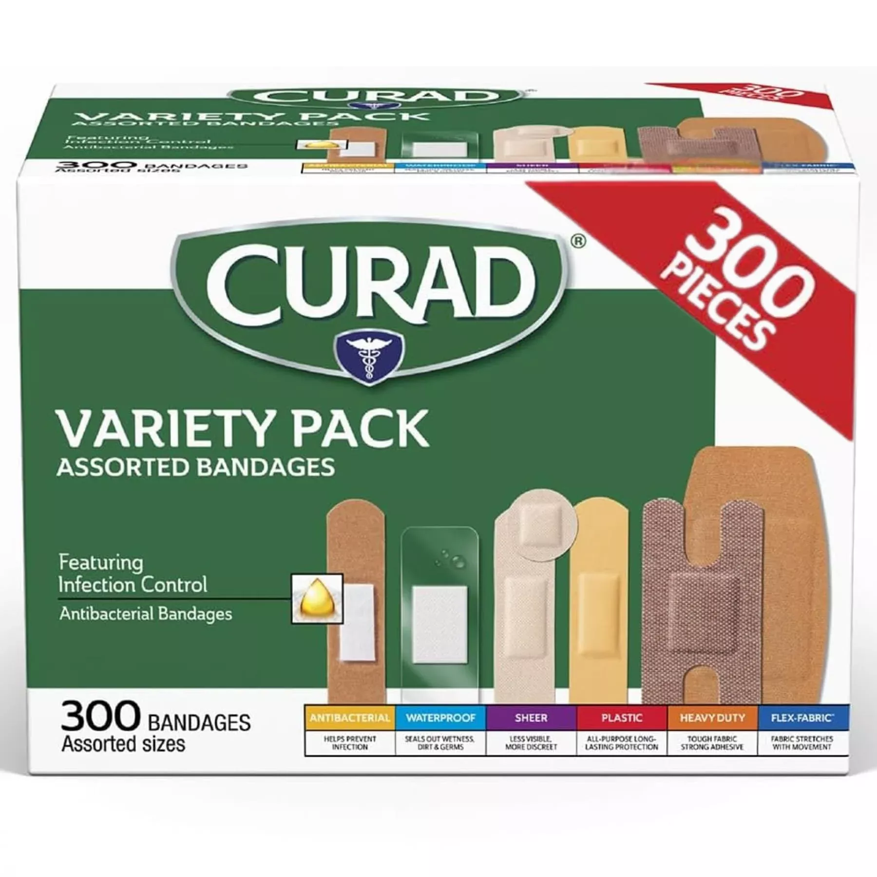 CURAD Assorted Bandages Variety Pack, 300 Count, 6 Styles Including Antibacterial Waterproof, Sheer, Plastic, Heavy Duty & Flex-Fabric, Protects Scrapes, Cuts & Burns, Latex-Free