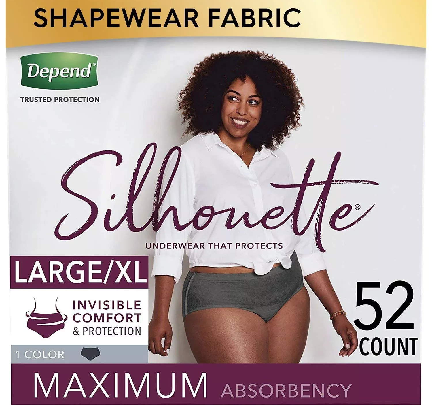 Depend Silhouette Incontinence Underwear for Women, Maximum Absorbency, Disposable, Large /Extra-Large, Black, 52 Count (Packaging May Vary)