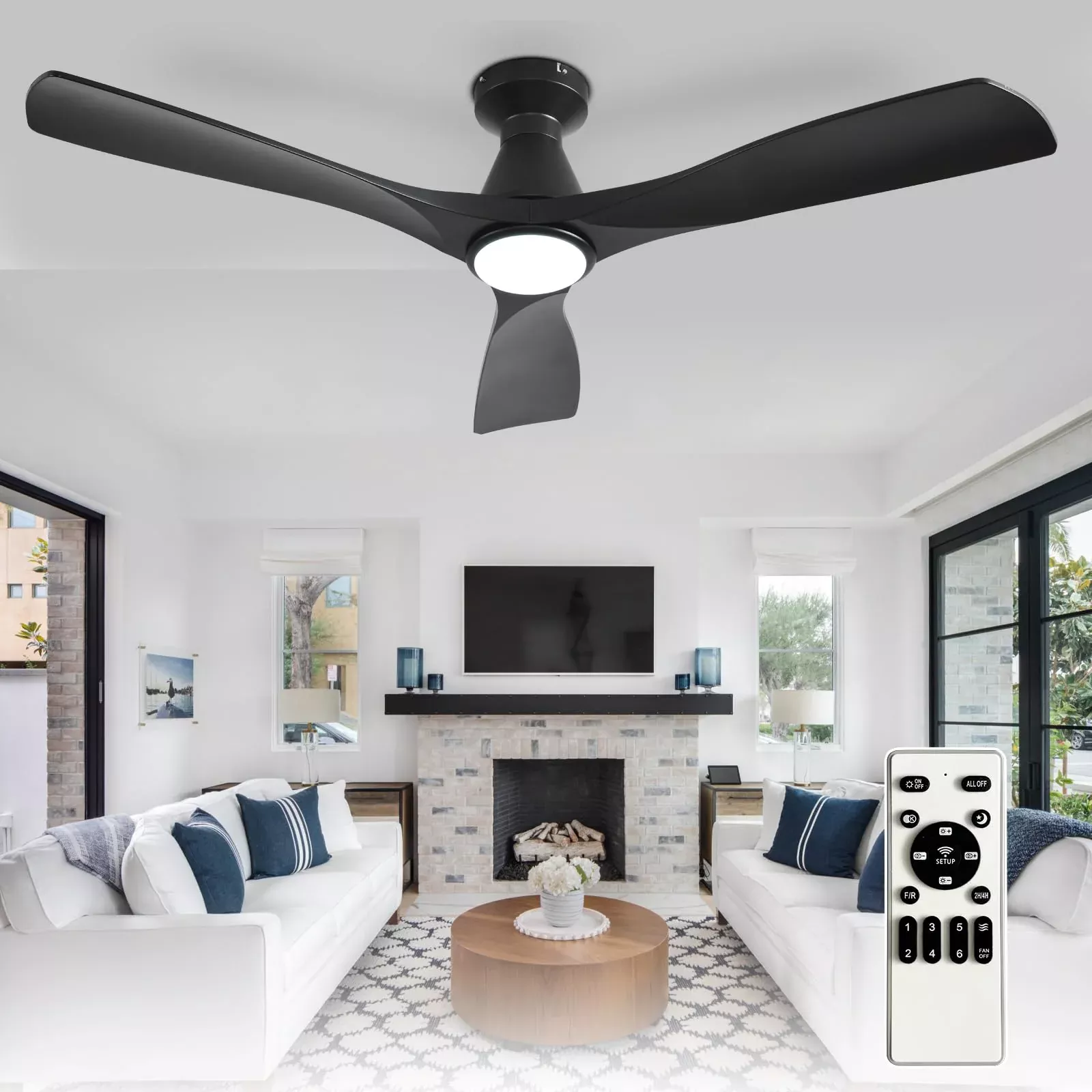 Depuley 52-Inch Ceiling Fans with Lights: Black 3 Blade Flush Mount Low Profile Ceiling Fan for Bedroom - Dimmable Indoor Outdoor Fan with Remote Control Ultra Quiet DC Motor Timer