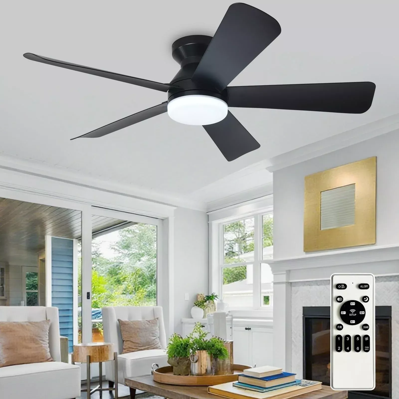 Depuley Modern Ceiling Fan with Light: 42-Inch Black Small Fans for Bedroom Indoor Outdoor - Dimmable Low Profile Ceiling Fans with Remote Control Flush Mount 5 Reversible Black Blades 6 Speeds Timer