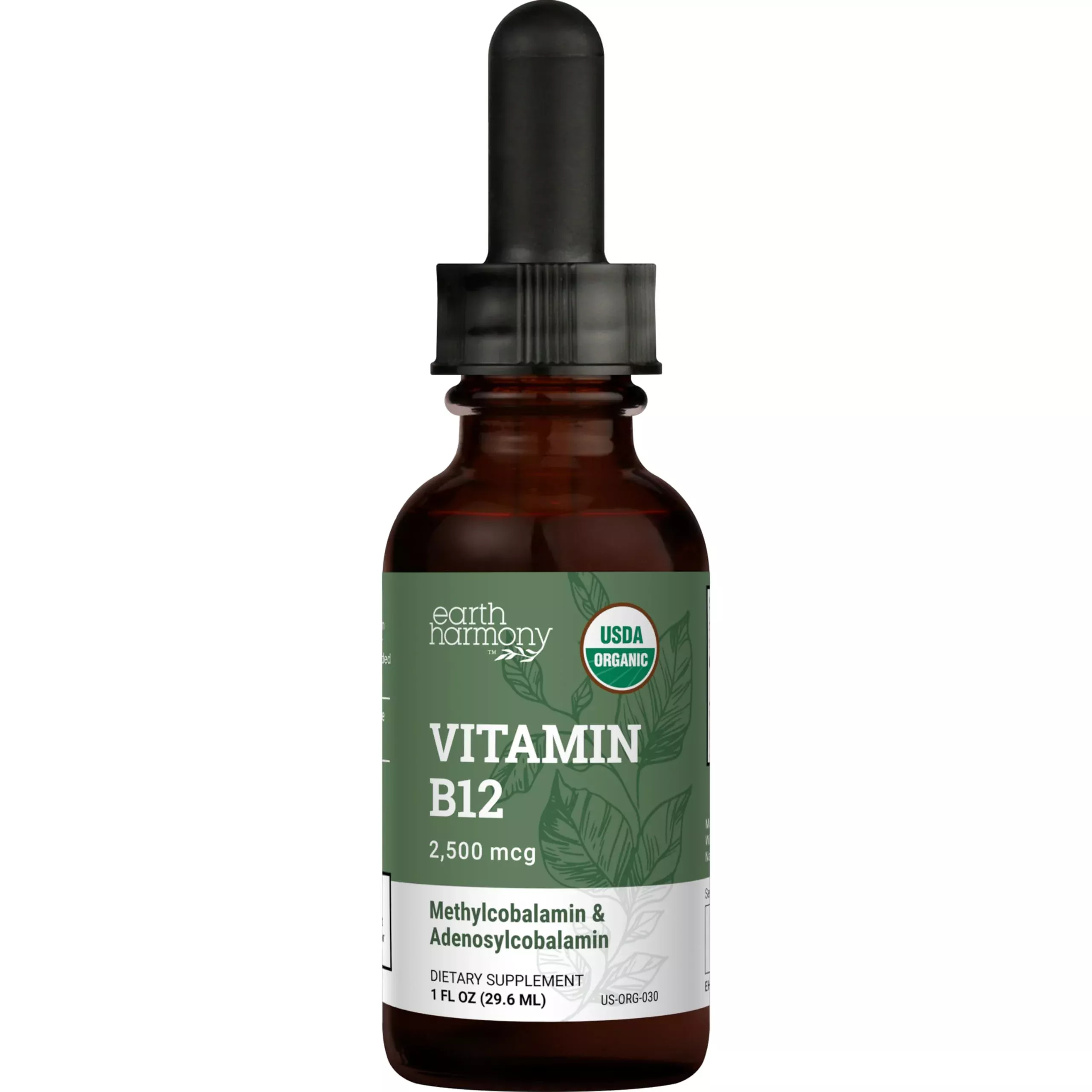 Earth Harmony Naturals Organic Vegan Vitamin B12 Sublingual Liquid Supplement - 2500mcg Methylcobalamin Drops for Natural Energy, Metabolism Health and Immune System Support - 1 Fl Oz