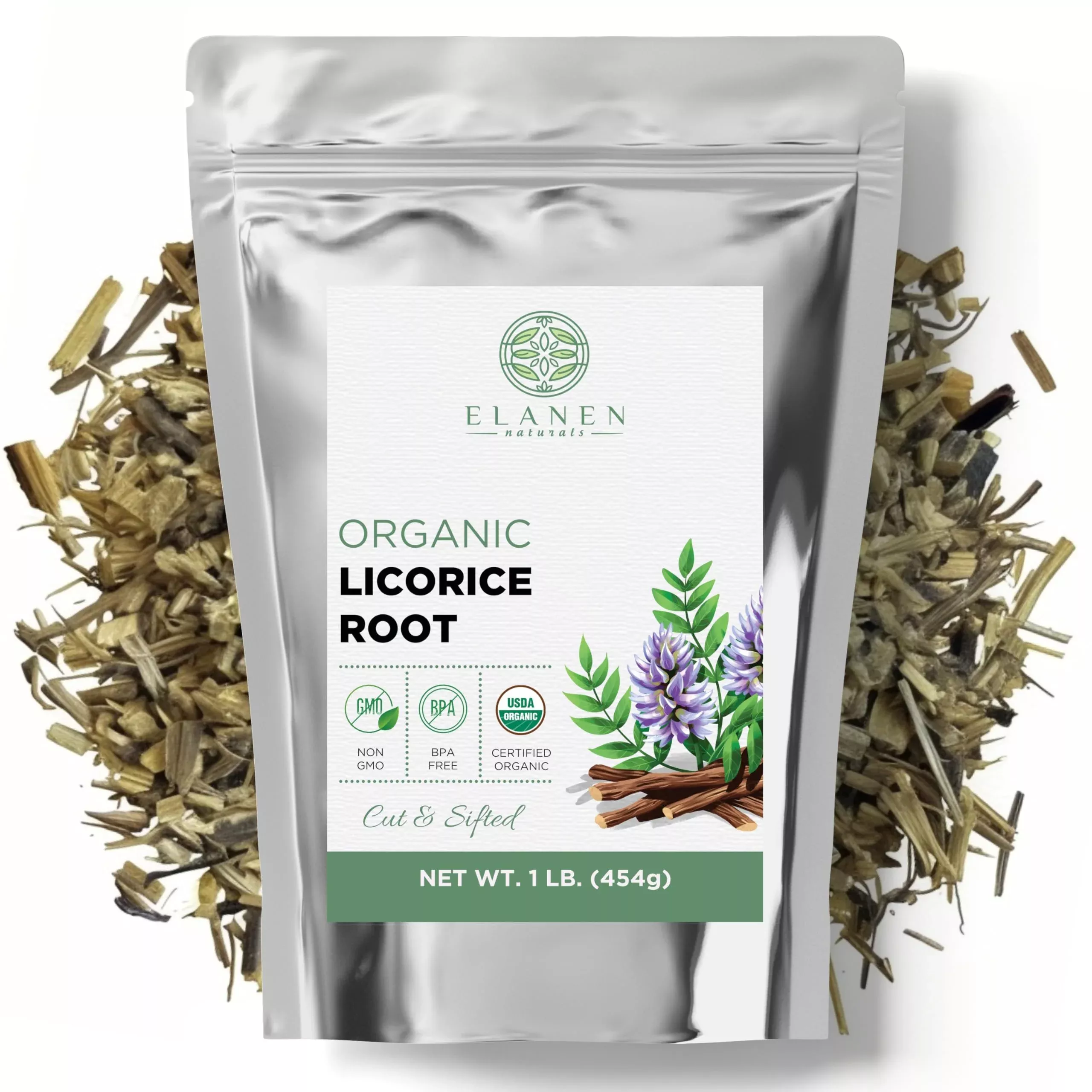 Elanen Naturals Organic Licorice Root 1 lb. (16 oz.), USDA Certified Organic Licorice Root Tea, Licourice Bulk Chopped, Liquorice, Raiz de Regaliz Licrice, Glycyrrhiza glabra, Cut & Sifted