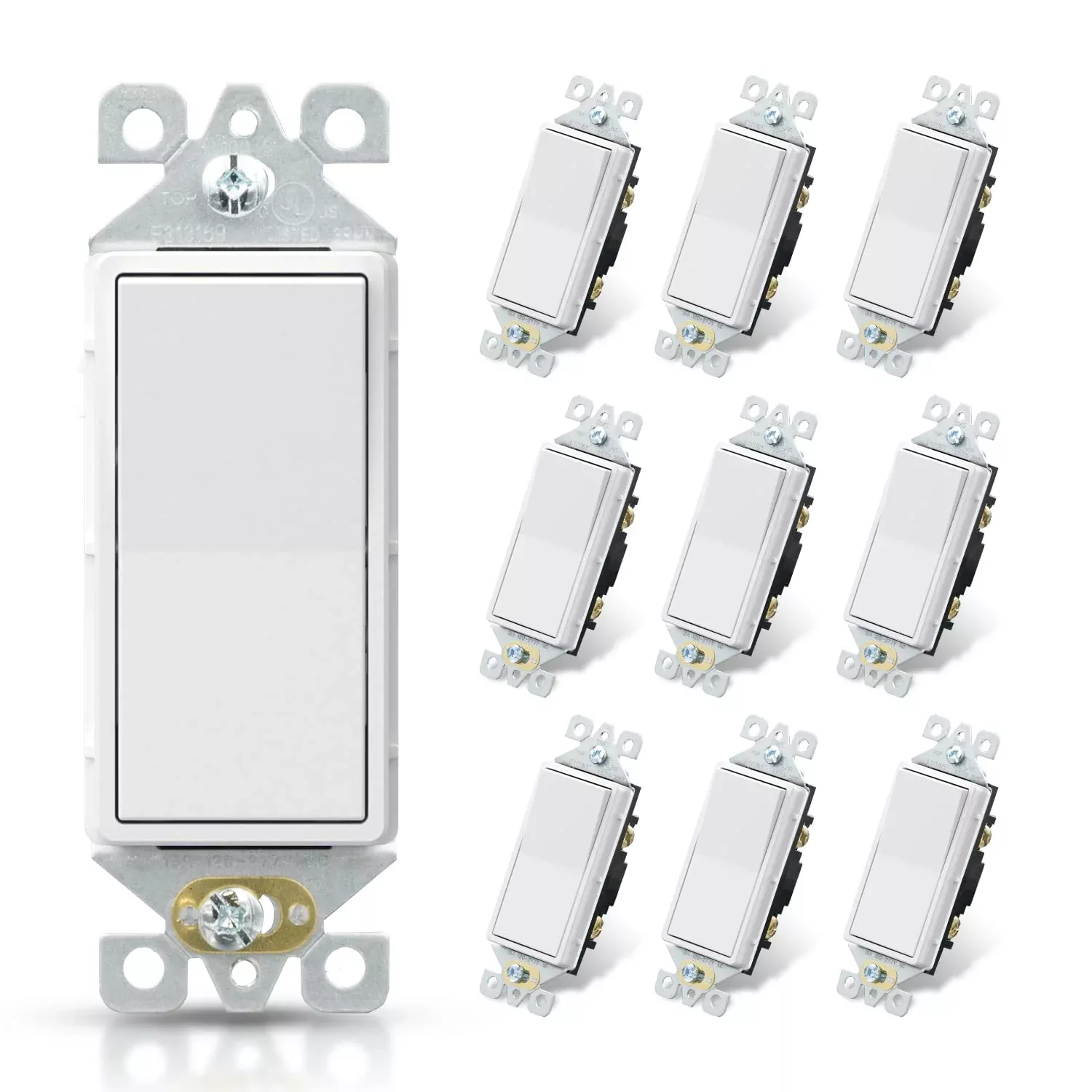 ELEGRP Matte White Single Pole Decorator Light Switch, 15Amp, 120-277V, Decorative Paddle Rocker Switch Replacement, On /Off Wall Switch, Self-Grounding, Residential /Commercial Grade, UL /CUL (10 Pack)