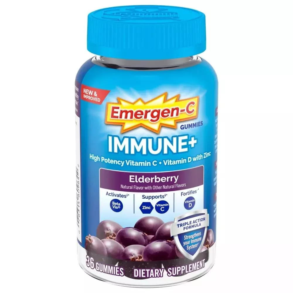 Emergen-C Immune+ Elderberry Gummies, 750 mg Vitamin C with Vitamin D, Zinc and Electrolytes, Immune Support Dietary Supplement, Caffeine Free, Gluten Free, Elderberry Flavor - 36 Count
