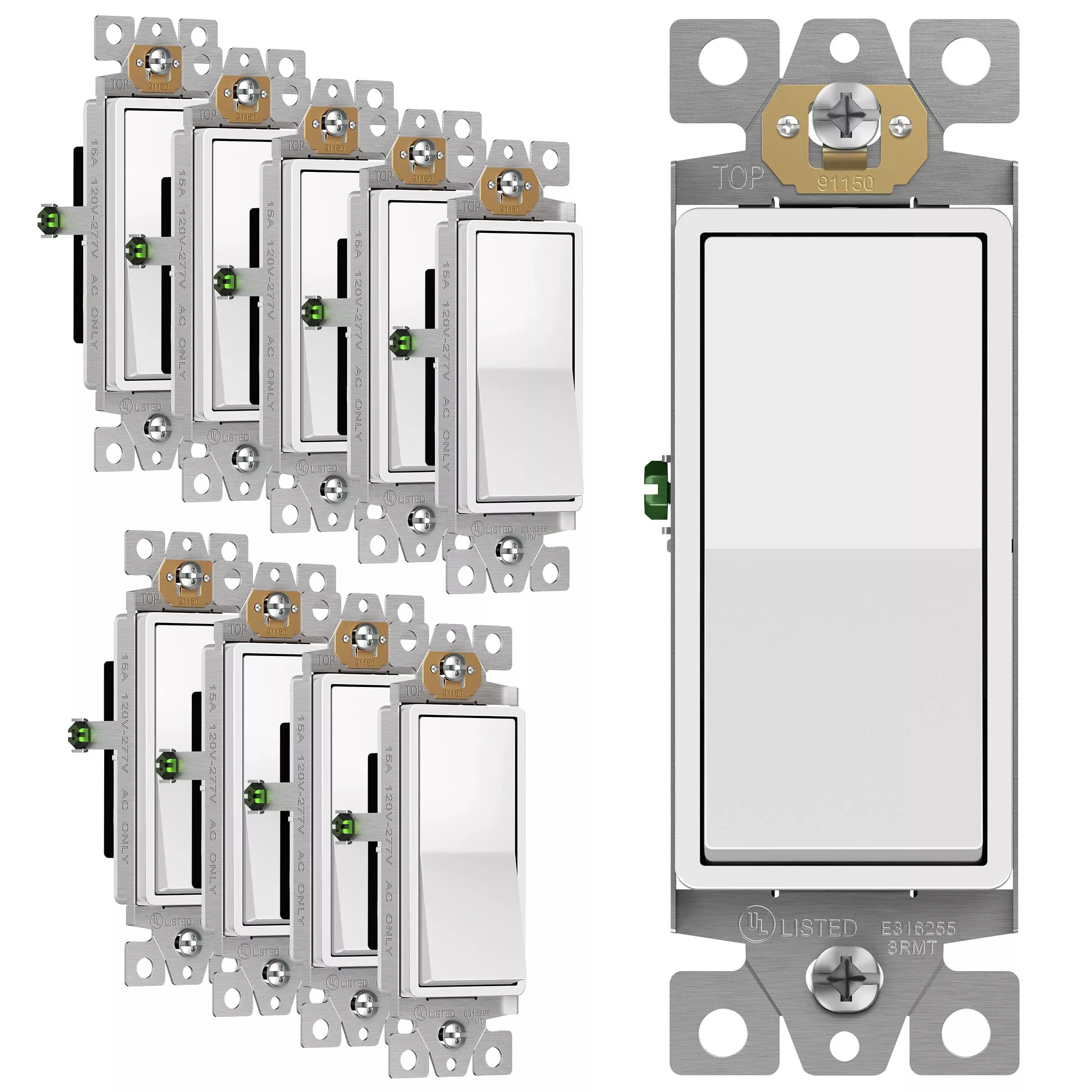 ENERLITES Decorator Paddle Rocker Light Switch, Gloss Finish, Single Pole, 3 Wire, Grounding Screw, Residential Grade, 15A 120V /277V, UL Listed, 91150-W-10PCS, White (10 Pack)