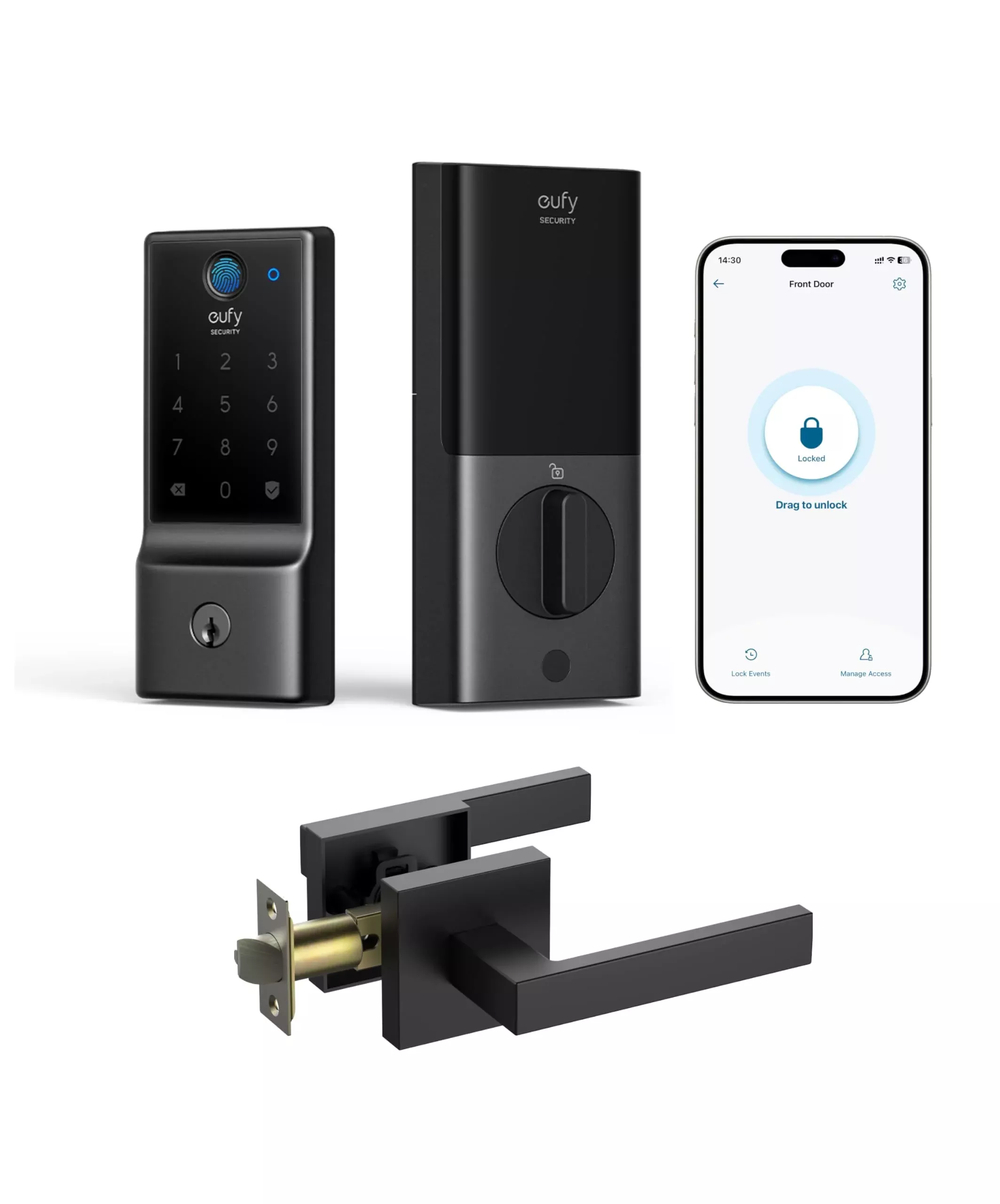 eufy Security Smart Lock Front Door Lever Set, Fingerprint Keypad Door Lock with Handle, Built-in Wi-Fi, App Control, Keyless Entry Deadbolt, 8 Months Battery, IP53 Waterproof, BHMA Certified