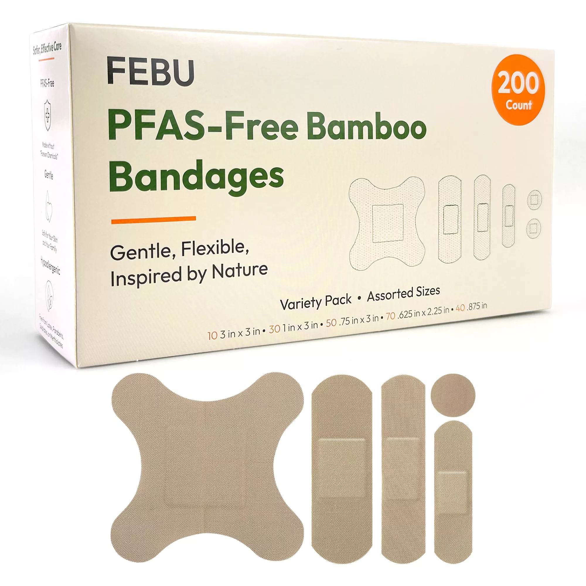 FEBU Eco-Friendly Bamboo Fabric Bandages | PFAS Free Bandages for Scrapes & Cuts | Flexible Fabric Bandage | Fully Compostable, Latex Free Bandage | 200 Count Bulk Variety