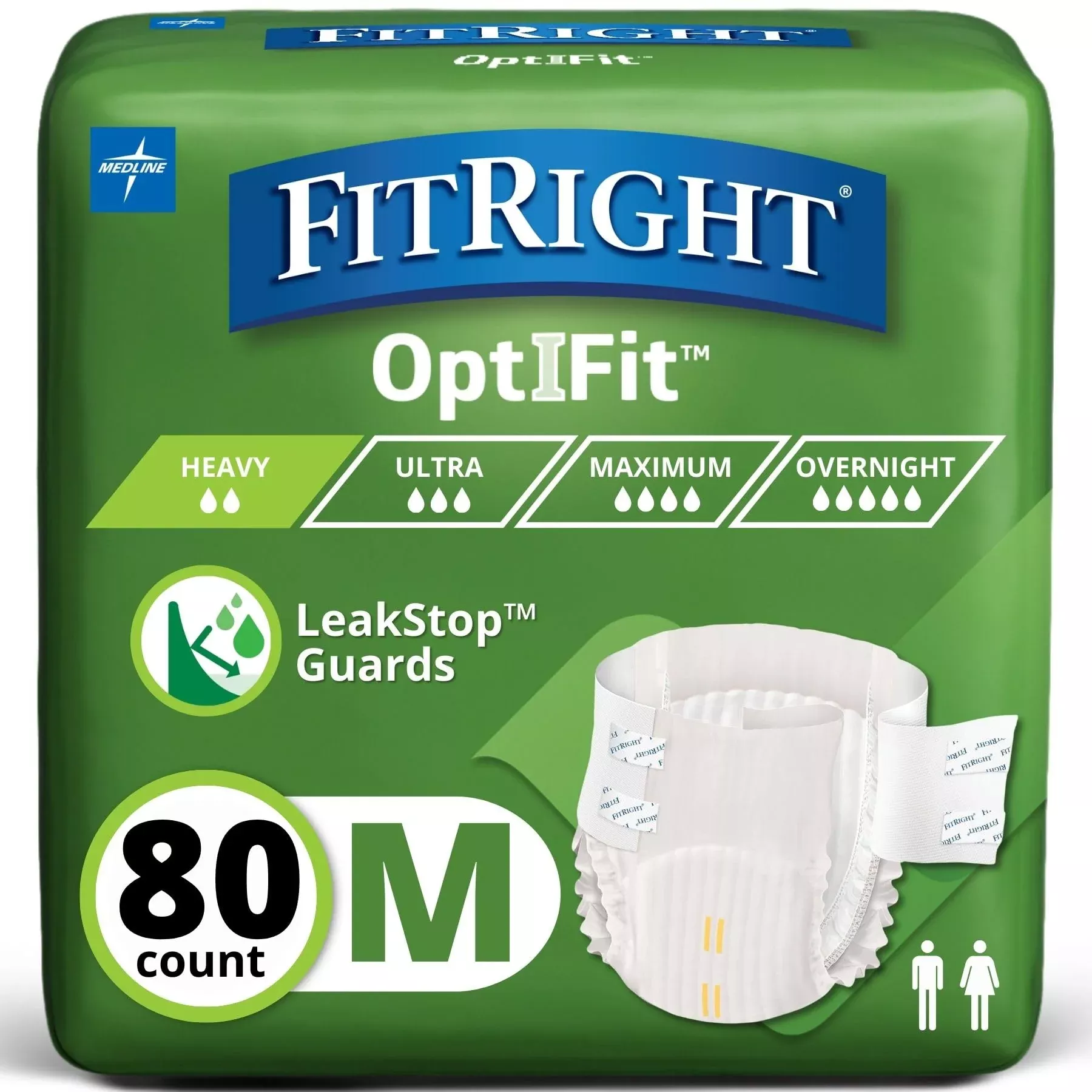 FitRight Adult Diapers, Extra+ Heavy Absorbency, M (Waist Size 32in-44in), 80 Count, OptiFit Incontinence Briefs for Men and Women, Disposable, Moisture-Wicking, Leak Protection,
