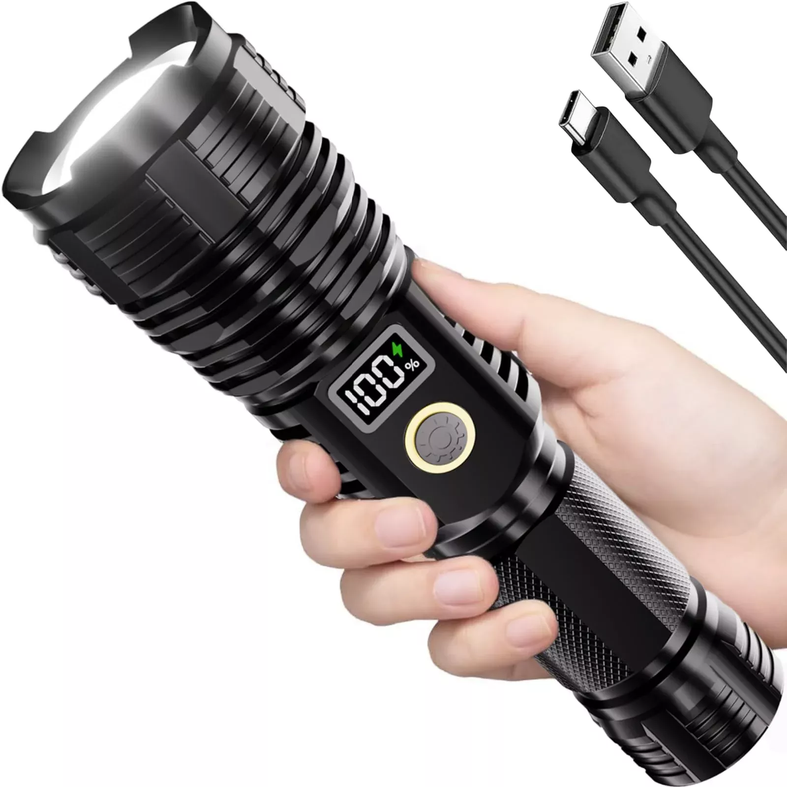 Flashlights High Lumens Rechargeable, 100,000LM LED Super Bright Flash Light, Zoomable Linternas with LCD Digital Display, 5 Mode, Waterproof, Powerful Tactical Flashlight for Emergencies Camping Gift