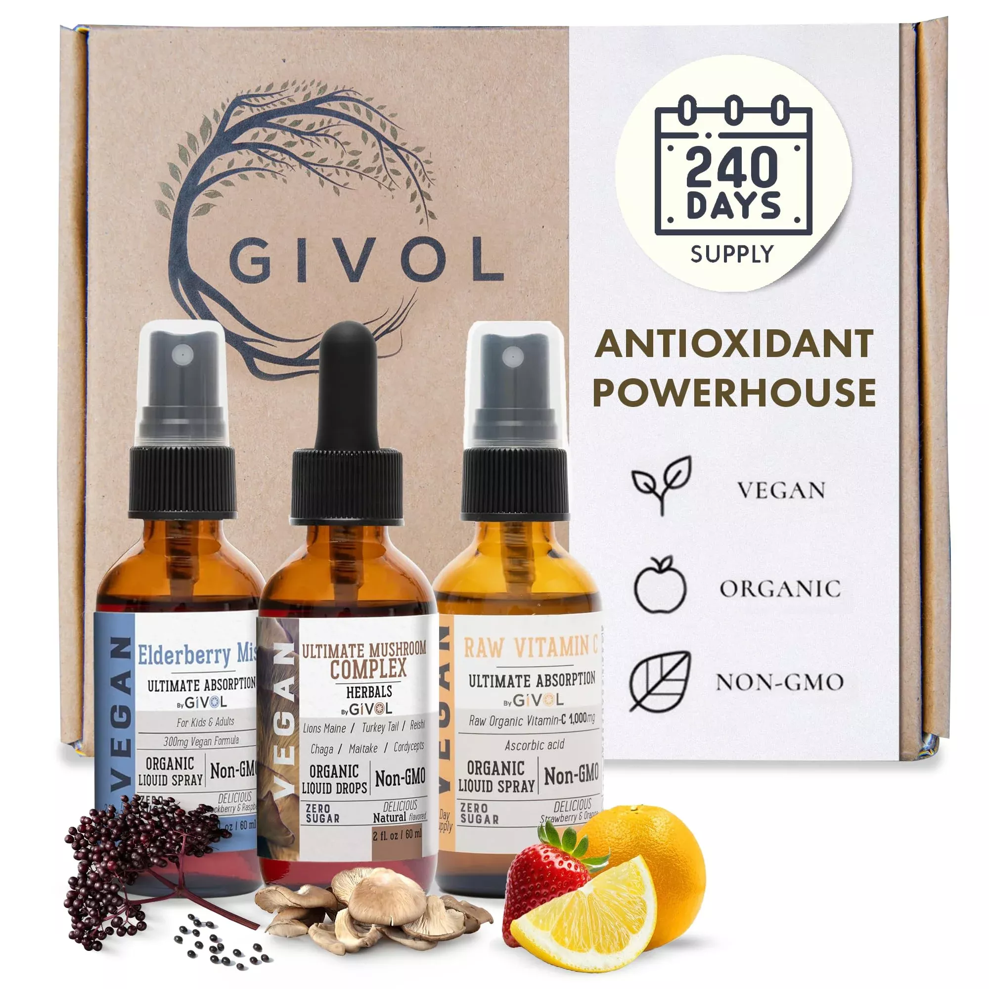 GIVOL Antioxidant Powerhouse Bundle - Elderberry, Raw Vitamin C, Mushroom Complex - Nutriments, Phytonutrients & Cognitive Well-Being All in One Package - Multivitamins - 2 Fl Oz - 240 Days Supply