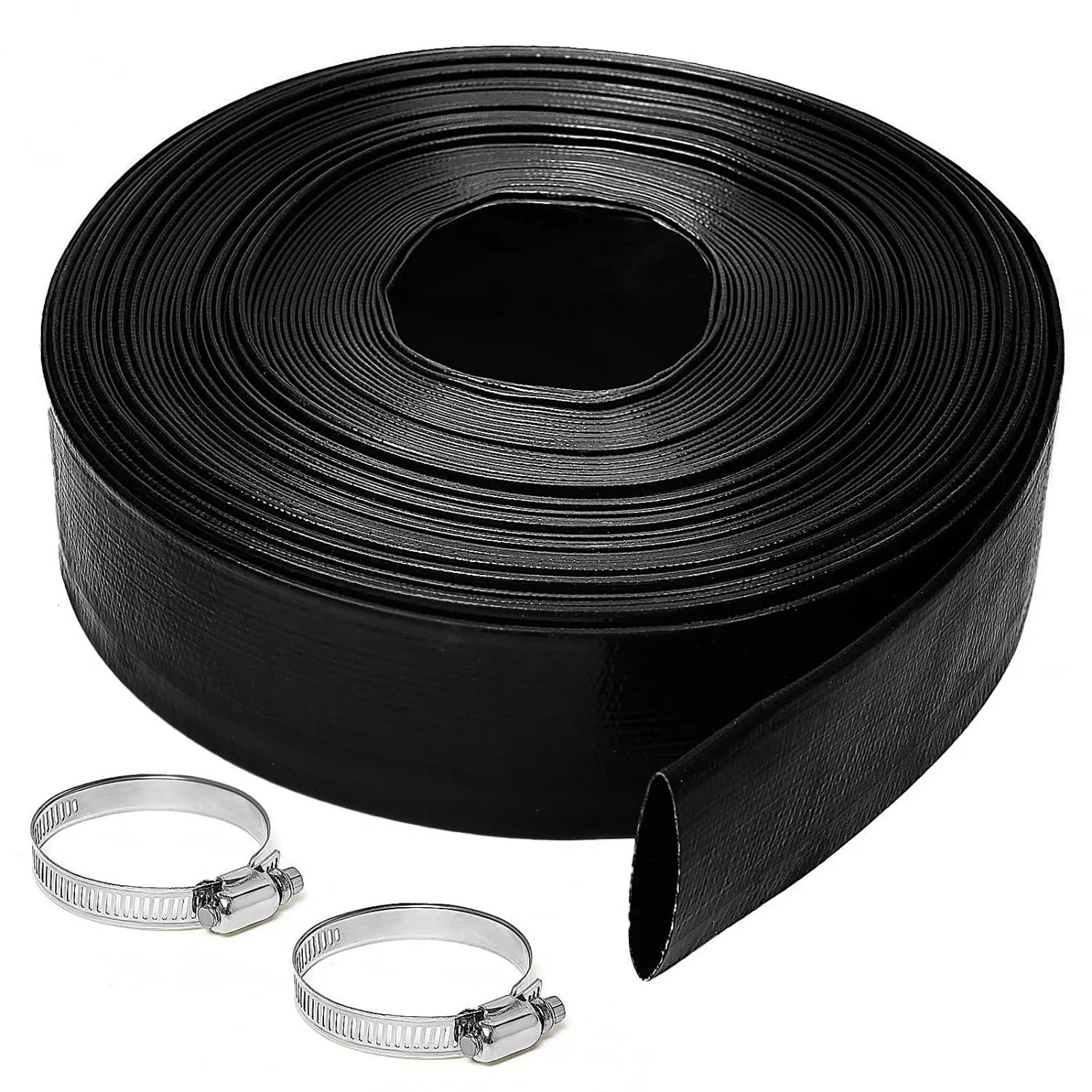 Gonioa 2 inches x 100 FT Heavy-Duty PVC Swimming Pool Backwash Hose, Reinforced Discharge Hose with Clamp for Swimming Pools, Black