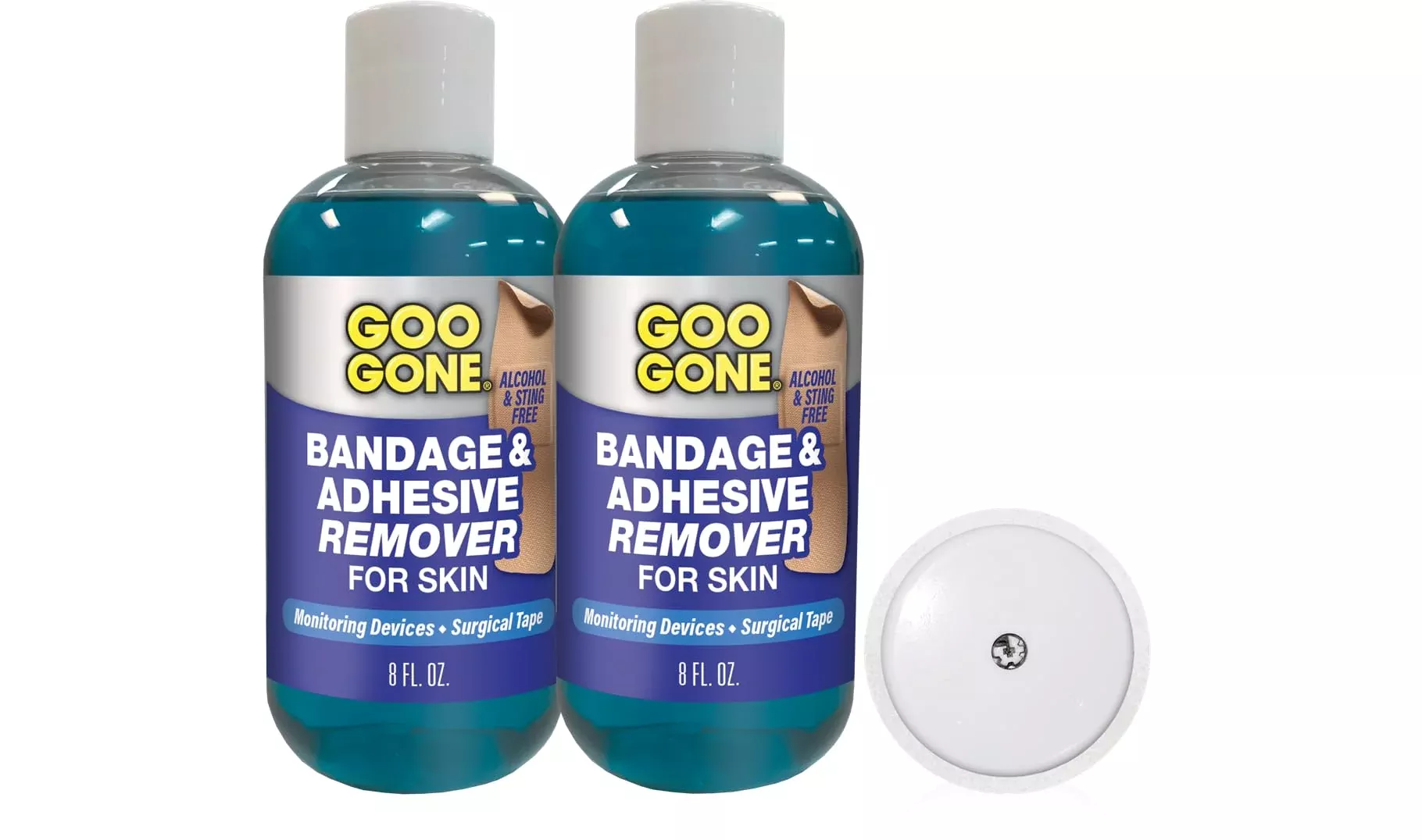 Goo Gone Bandage Adhesive Remover for Skin - Safe and Pain Free Removal for Sticky Residue from Continuous Glucose Monitors, KT Tape, Medical Tape, Heart Rate Monitors, Insulin Pumps, 8 oz (Pack of 2)