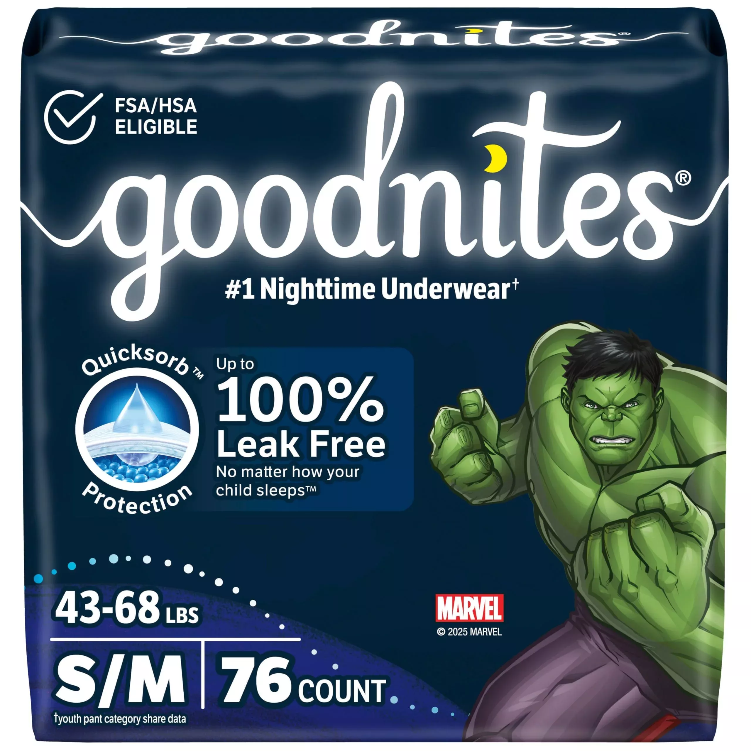 Goodnites Boys' Bedwetting Underwear, Size S /M (43-68 lbs), 76 Ct (2 Packs of 38), Packaging May Vary