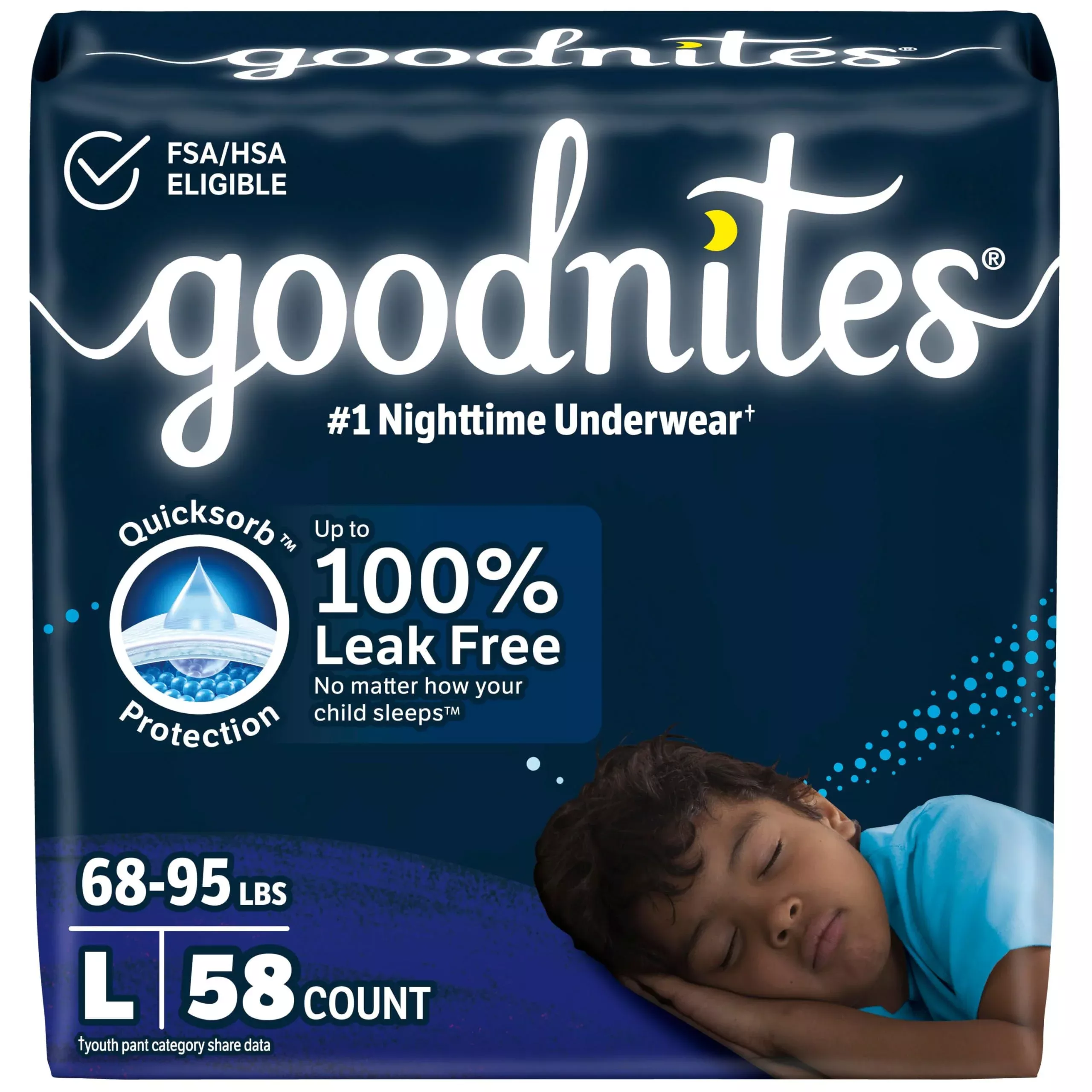 Goodnites Boys' Nighttime Bedwetting Underwear, Size Large (68-95 lbs), 58 Ct (2 Packs of 29), Packaging May Vary