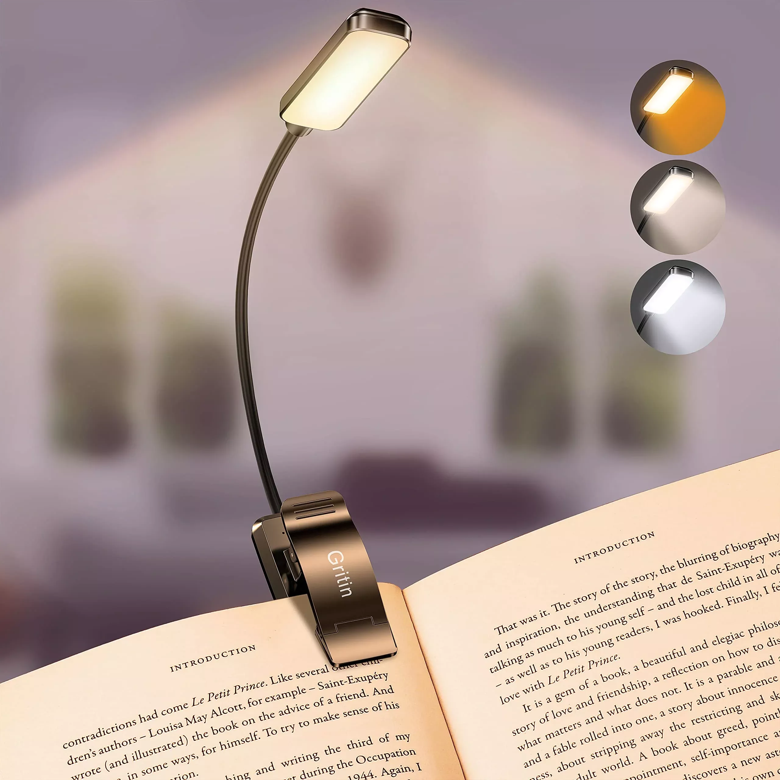 Gritin 9 LED Rechargeable Book Light for Reading in Bed - Eye Caring 3 Color Temperatures,Stepless Dimming Brightness,80 Hrs Runtime Small Lightweight Clip On Book Reading Light for Studying -Blue