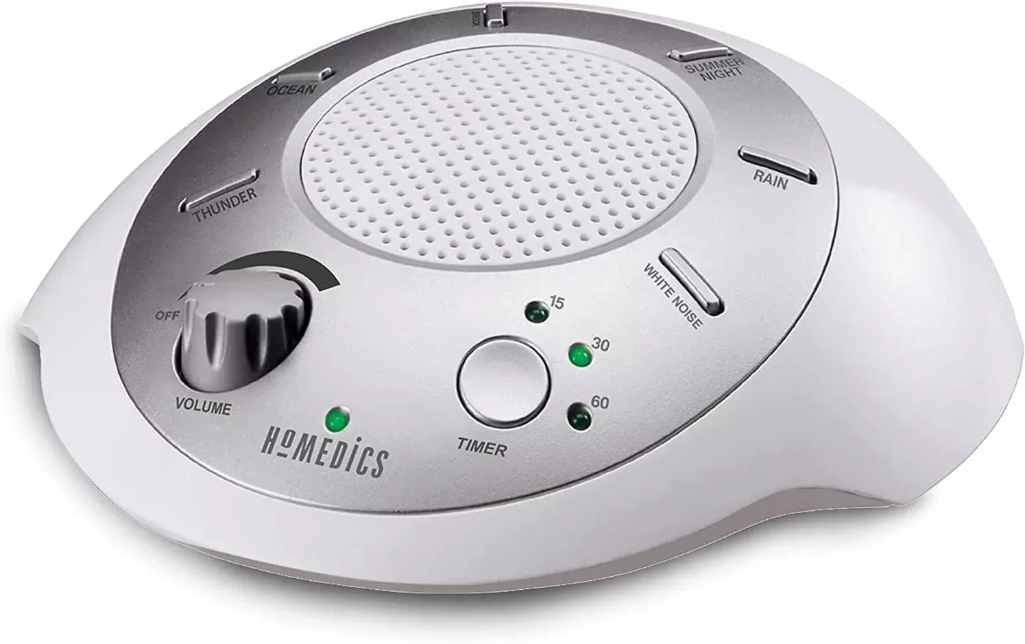 Homedics SoundSleep White Noise Sound Machine, Silver, Small Travel Size with 6 Relaxing Nature Sounds, Portable Therapy for Home, Office, Nursery, Auto-Off Timer