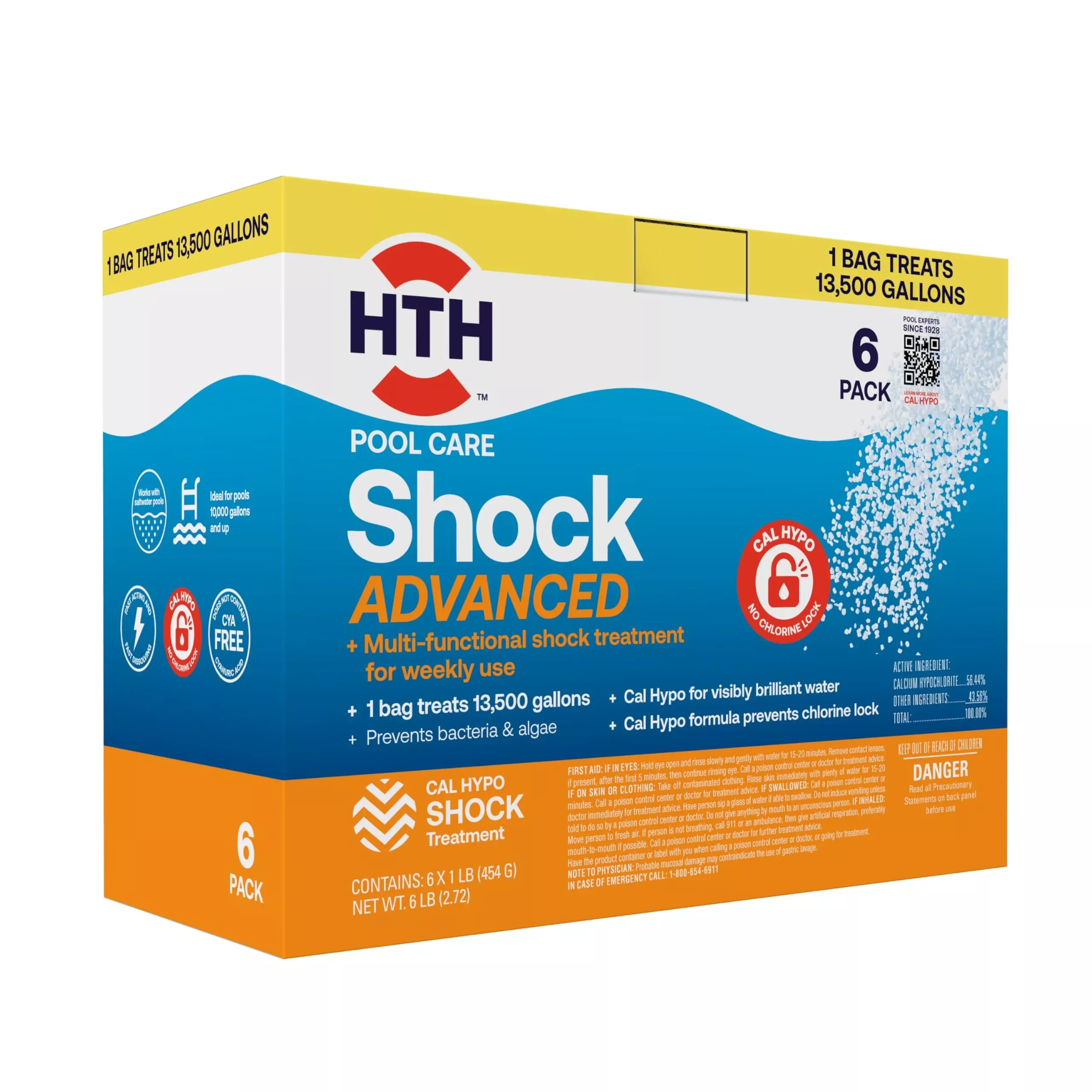 HTH 52036R Pool Care Shock Advanced, Swimming Pool Chemical - Cal Hypo Formula, Prevents Bacteria & Algae, Restores Crystal Clear Water - Shock Treatment, (6 Pack)