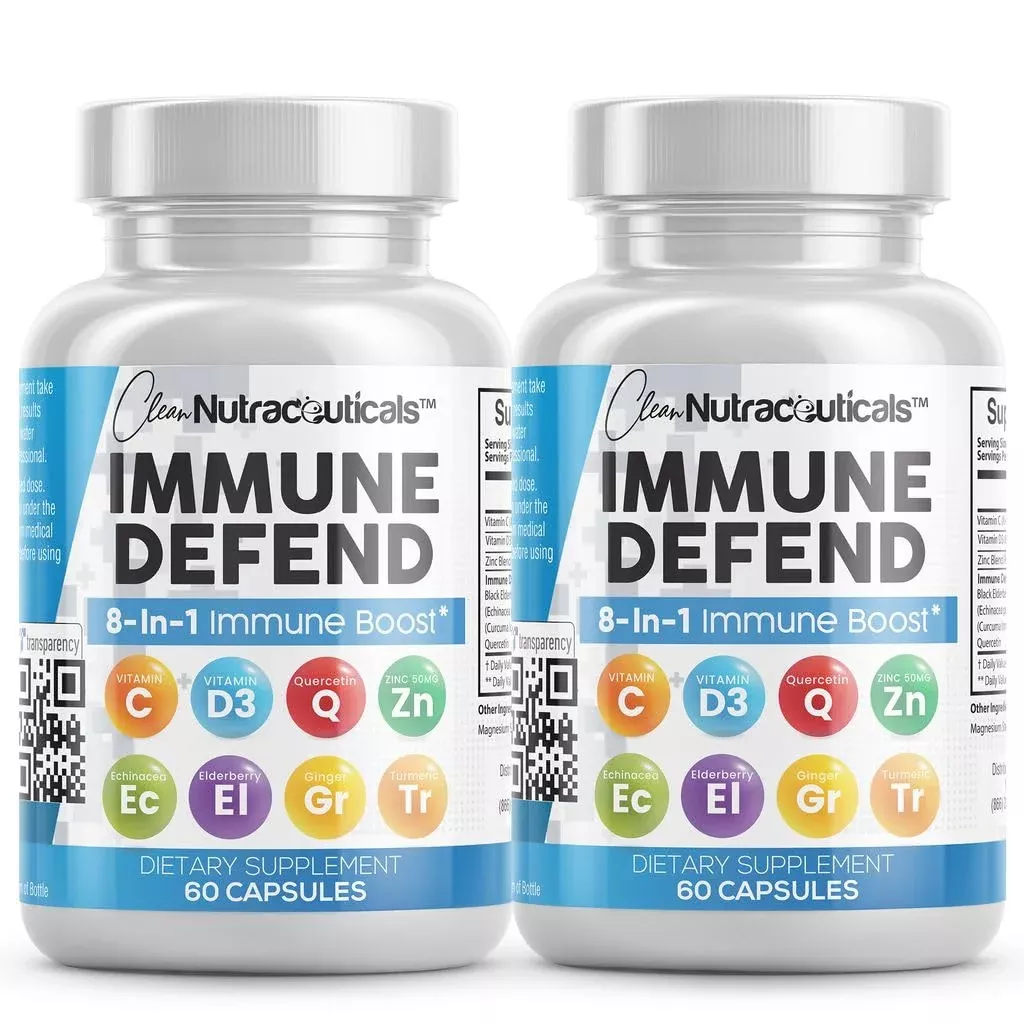 Immune Defense Support Supplement 8 in 1 w / Zinc 50mg Quercetin, Vit C 1000mg, Vitamin D3 5000 IU, Elderberry, Turmeric Curcumin, Ginger, Echinacea - Immunity System Booster Adults Vegan - 60Ct (2)